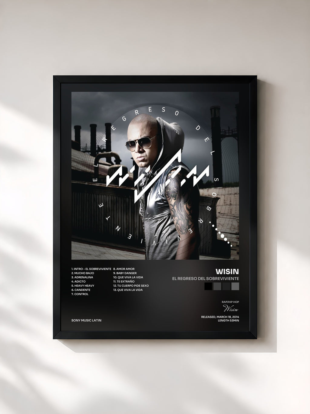 #noir Tableau de l'album El Regreso del Sobreviviente de Wisin, cadre noir, imprimé et encadré en France