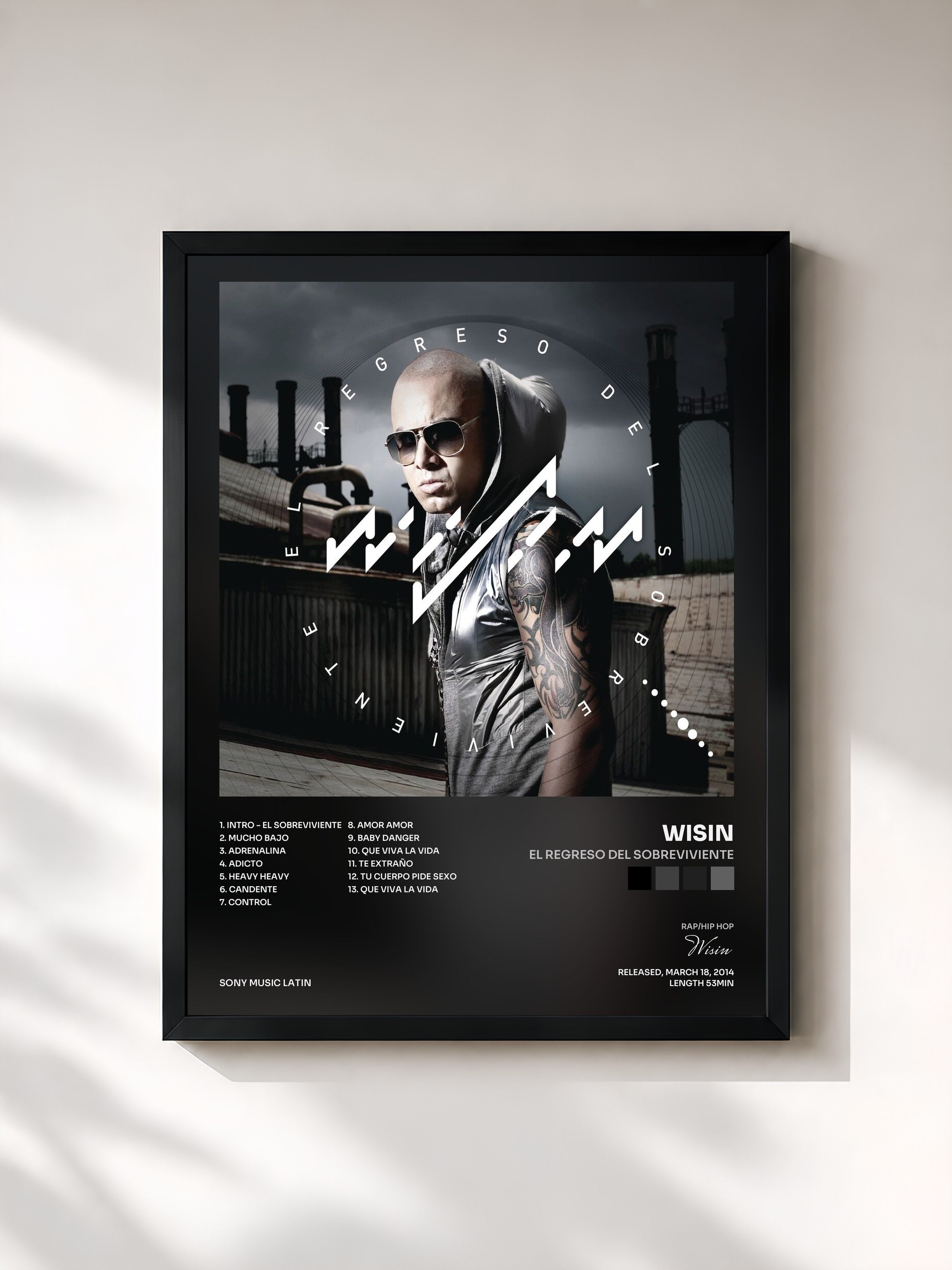 #noir Tableau de l'album El Regreso del Sobreviviente de Wisin, cadre noir, imprimé et encadré en France