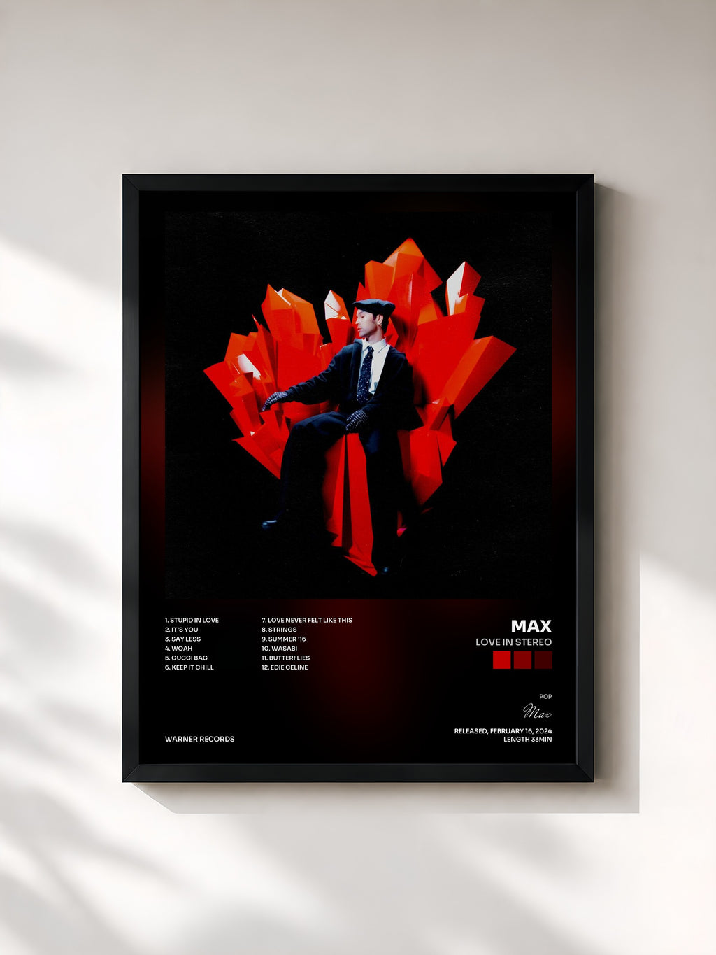 #noir Tableau de l'album LOVE IN STEREO de Max, cadre noir, imprimé et encadré en France