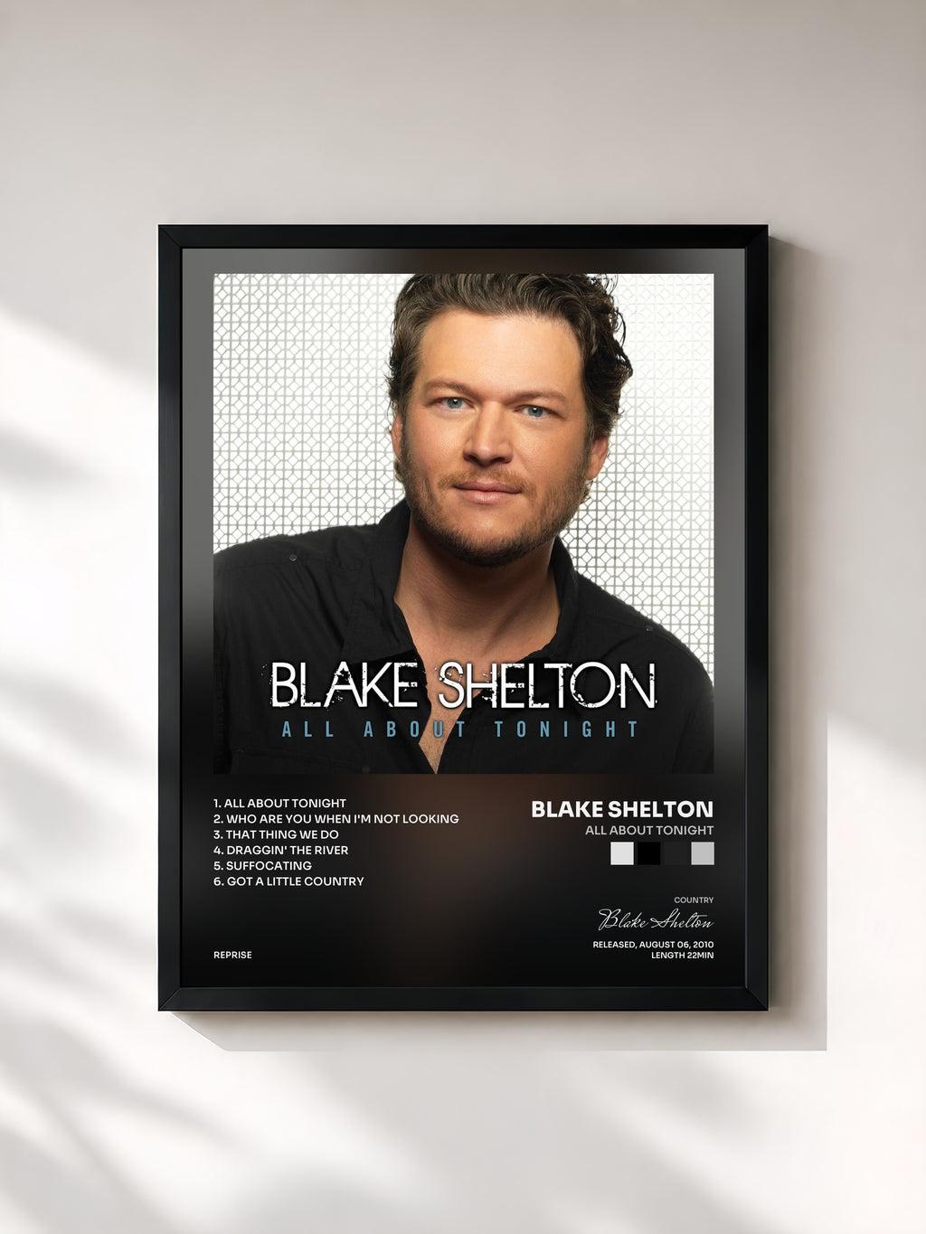 #noir Tableau de l'album All About Tonight de Blake Shelton, cadre noir, imprimé et encadré en France
