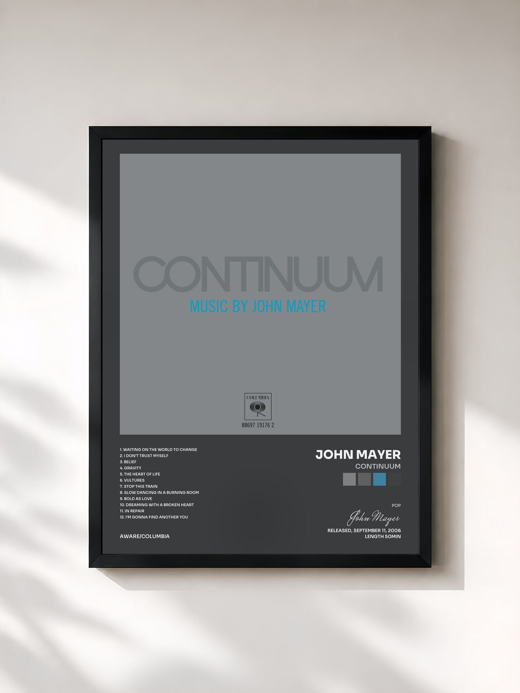 #noir Tableau de l'album Continuum de John Mayer, cadre noir, imprimé et encadré en France