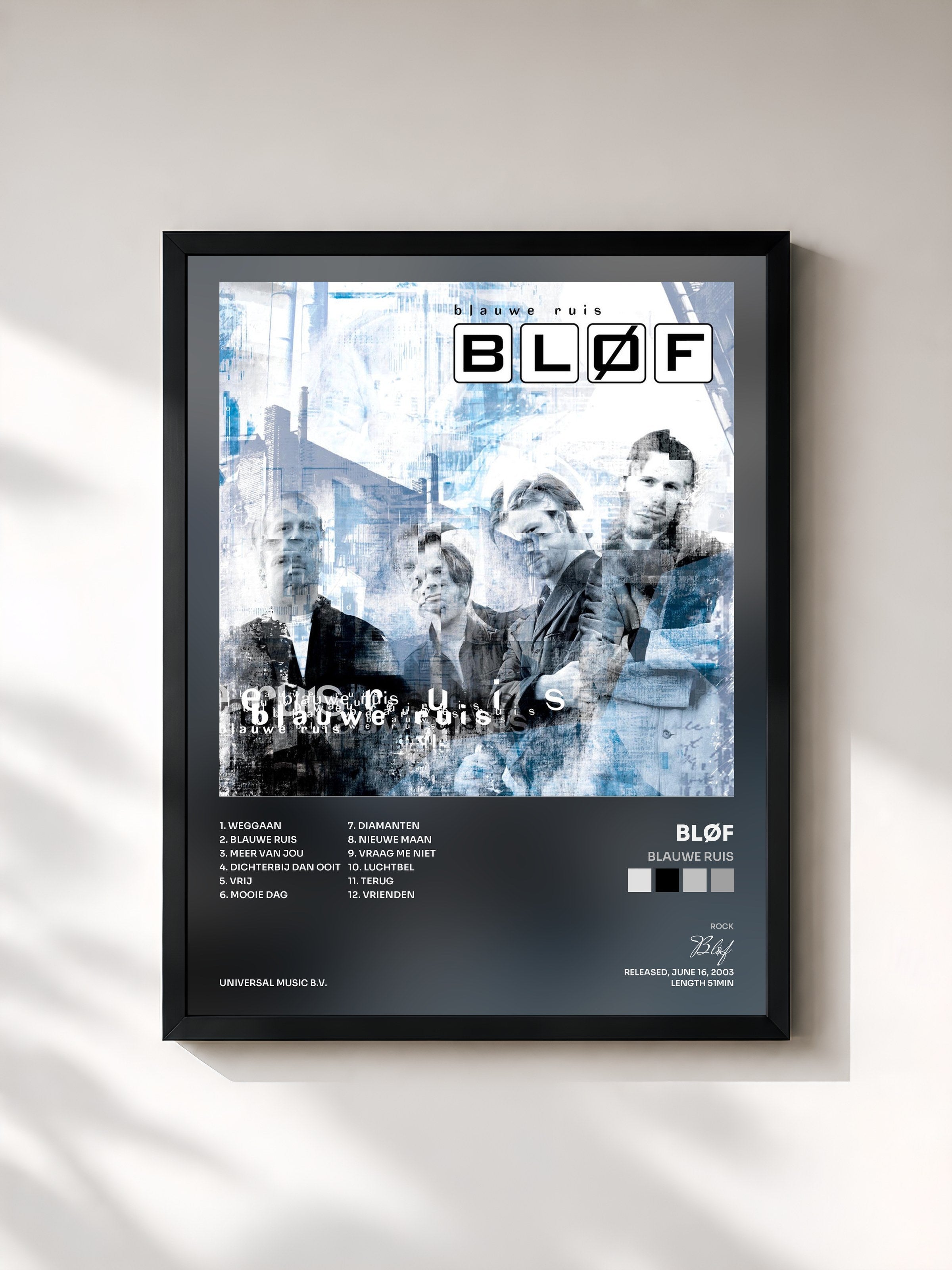 #noir Tableau de l'album Blauwe Ruis de Bløf, cadre noir, imprimé et encadré en France
