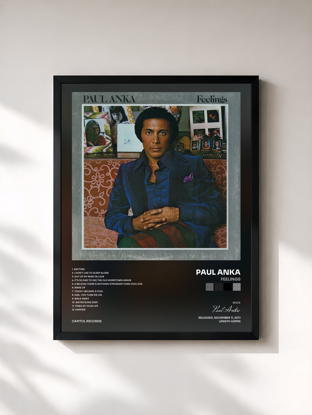 #noir Tableau de l'album Feelings de Paul Anka, cadre noir, imprimé et encadré en France