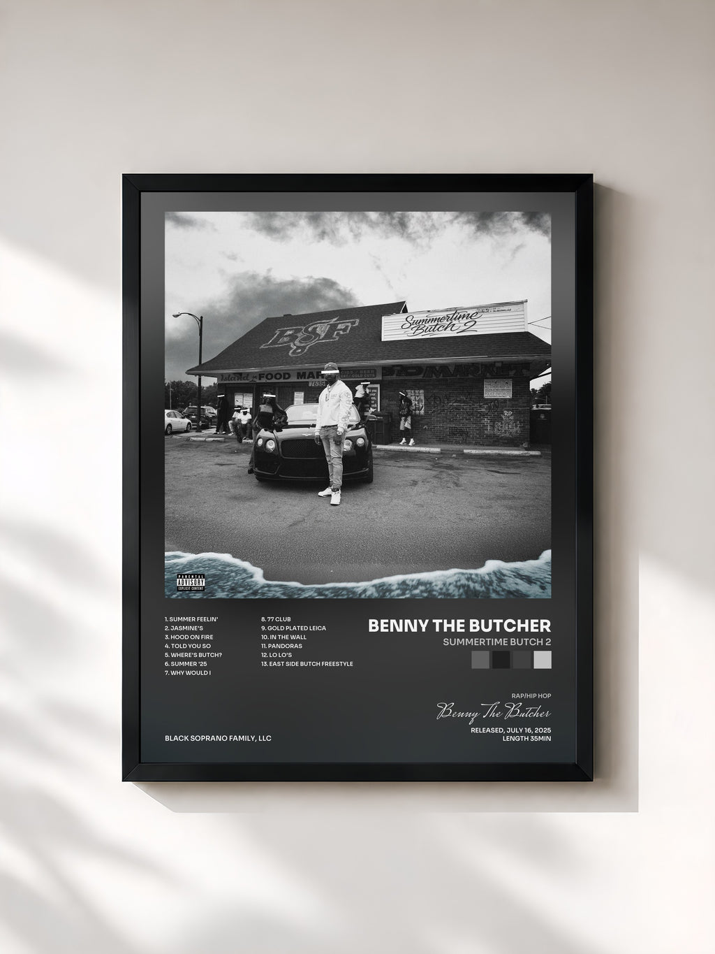 #noir Tableau de l'album Summertime Butch 2 de Benny The Butcher, cadre noir, imprimé et encadré en France