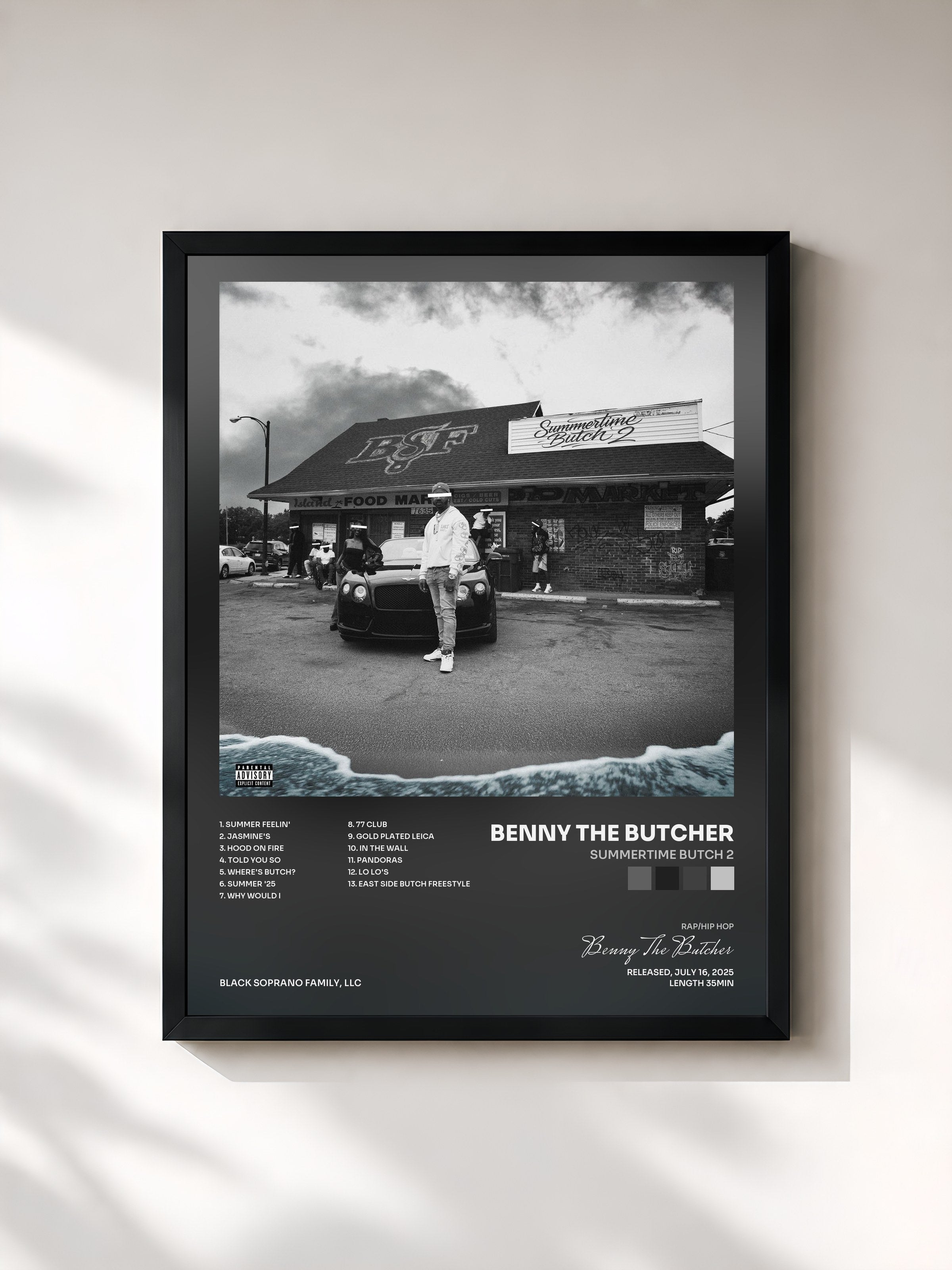 #noir Tableau de l'album Summertime Butch 2 de Benny The Butcher, cadre noir, imprimé et encadré en France