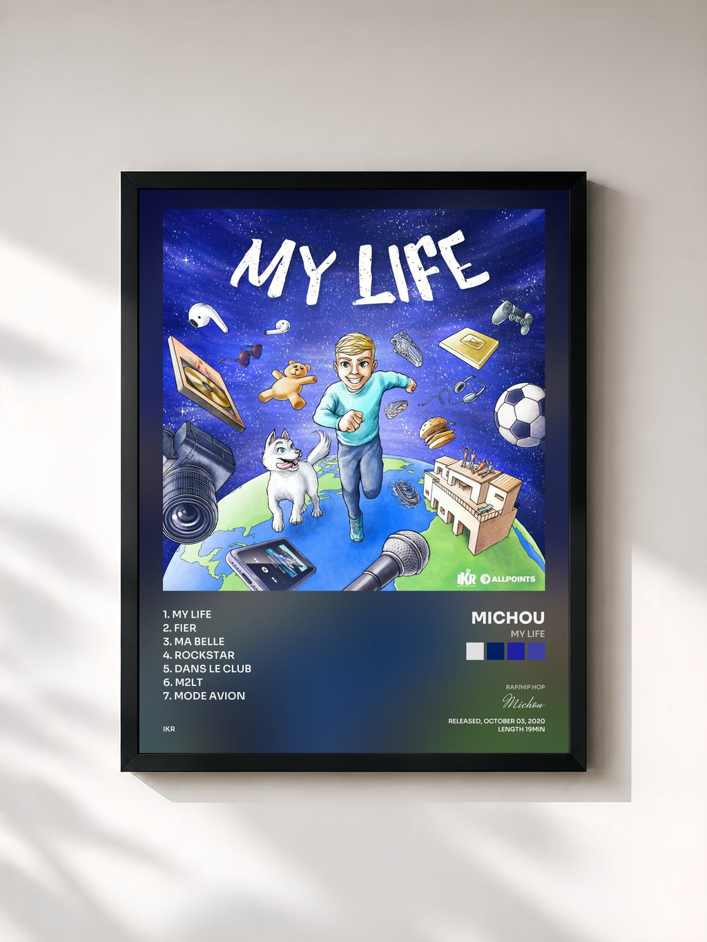 #noir Tableau de l'album My Life de Michou, cadre noir, imprimé et encadré en France