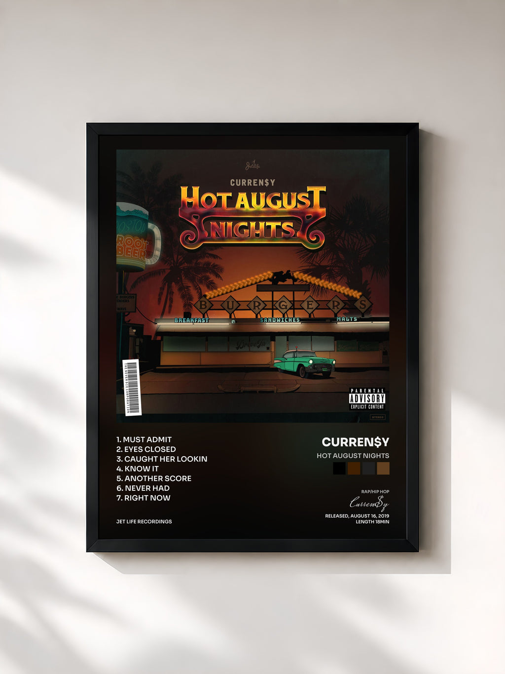 #noir Tableau de l'album Hot August Nights de Curren$y, cadre noir, imprimé et encadré en France
