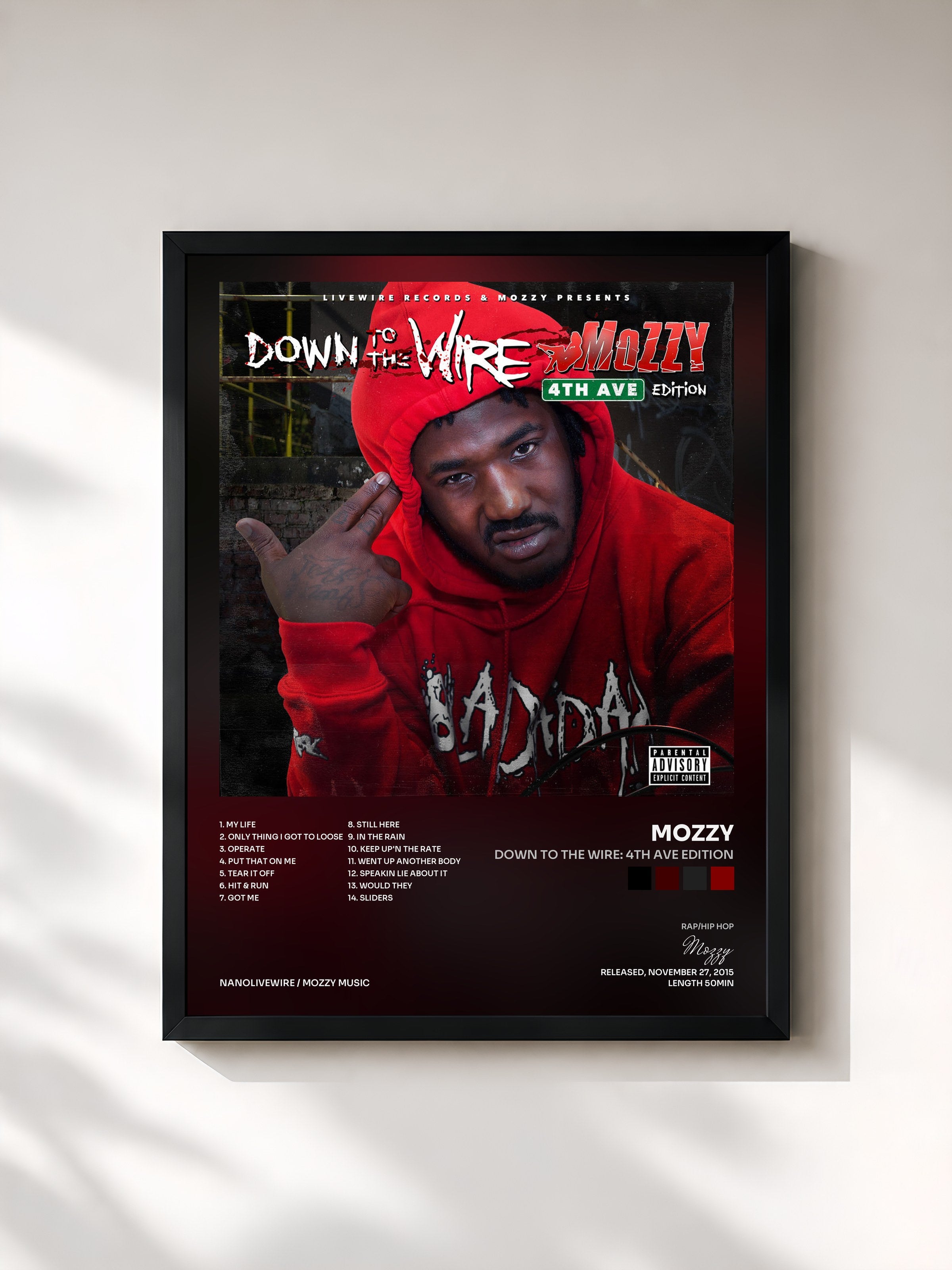#noir Tableau de l'album Down to the Wire: 4th Ave Edition de Mozzy, cadre noir, imprimé et encadré en France