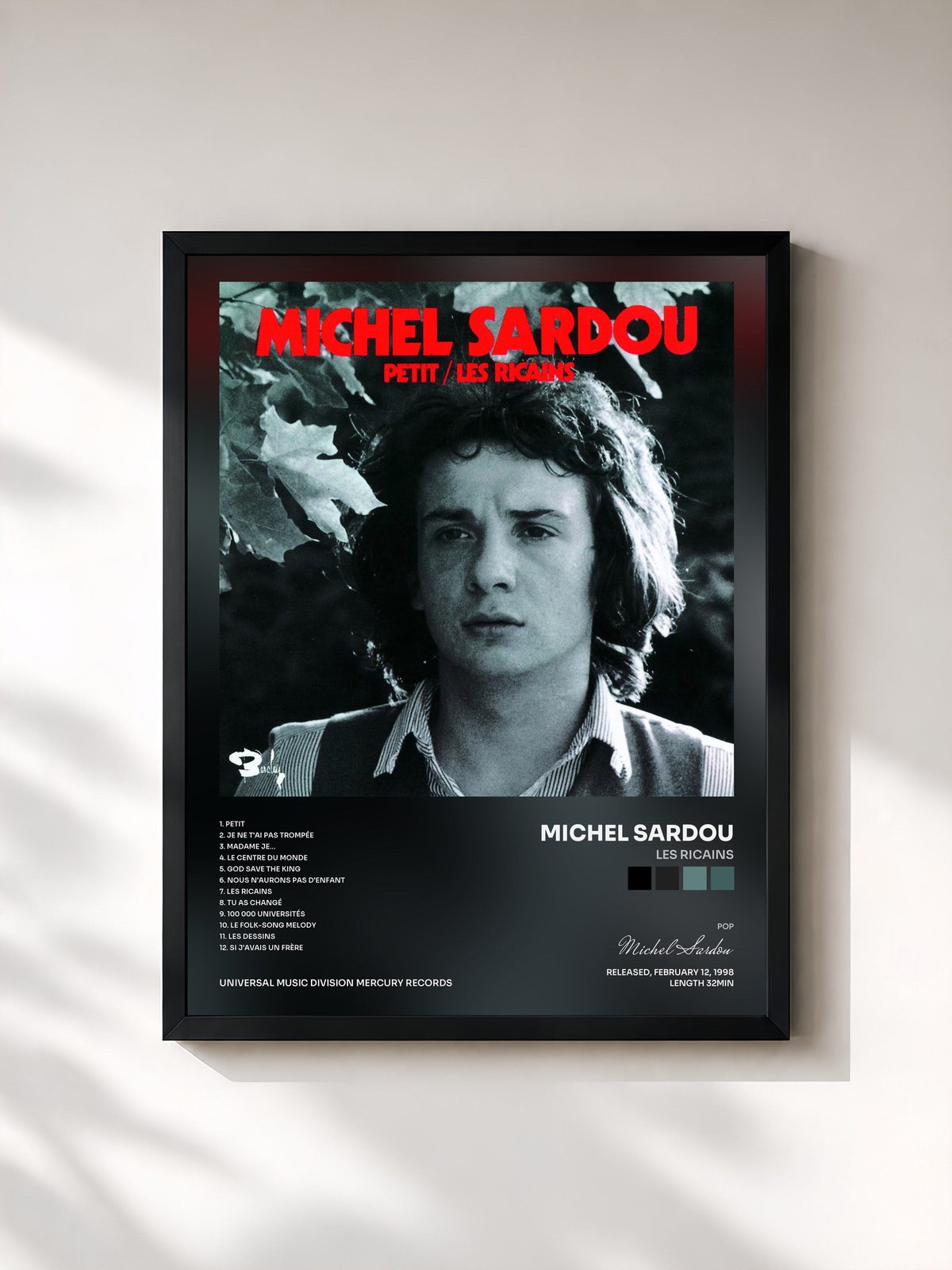 #noir Tableau de l'album Les Ricains de Michel Sardou, cadre noir, imprimé et encadré en France