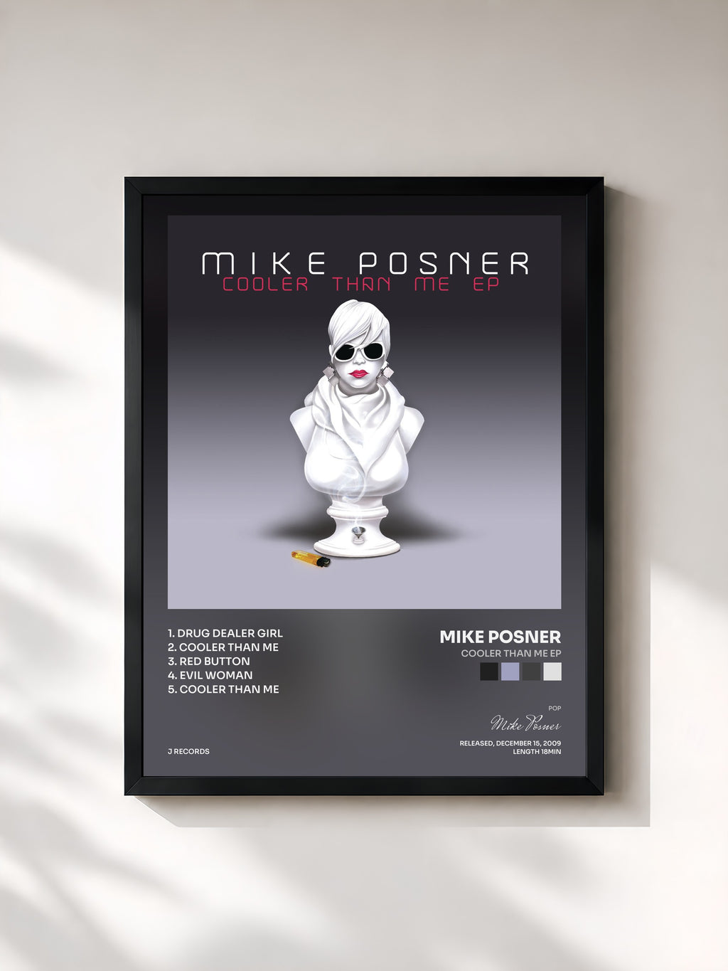 #noir Tableau de l'album Cooler Than Me EP de Mike Posner, cadre noir, imprimé et encadré en France