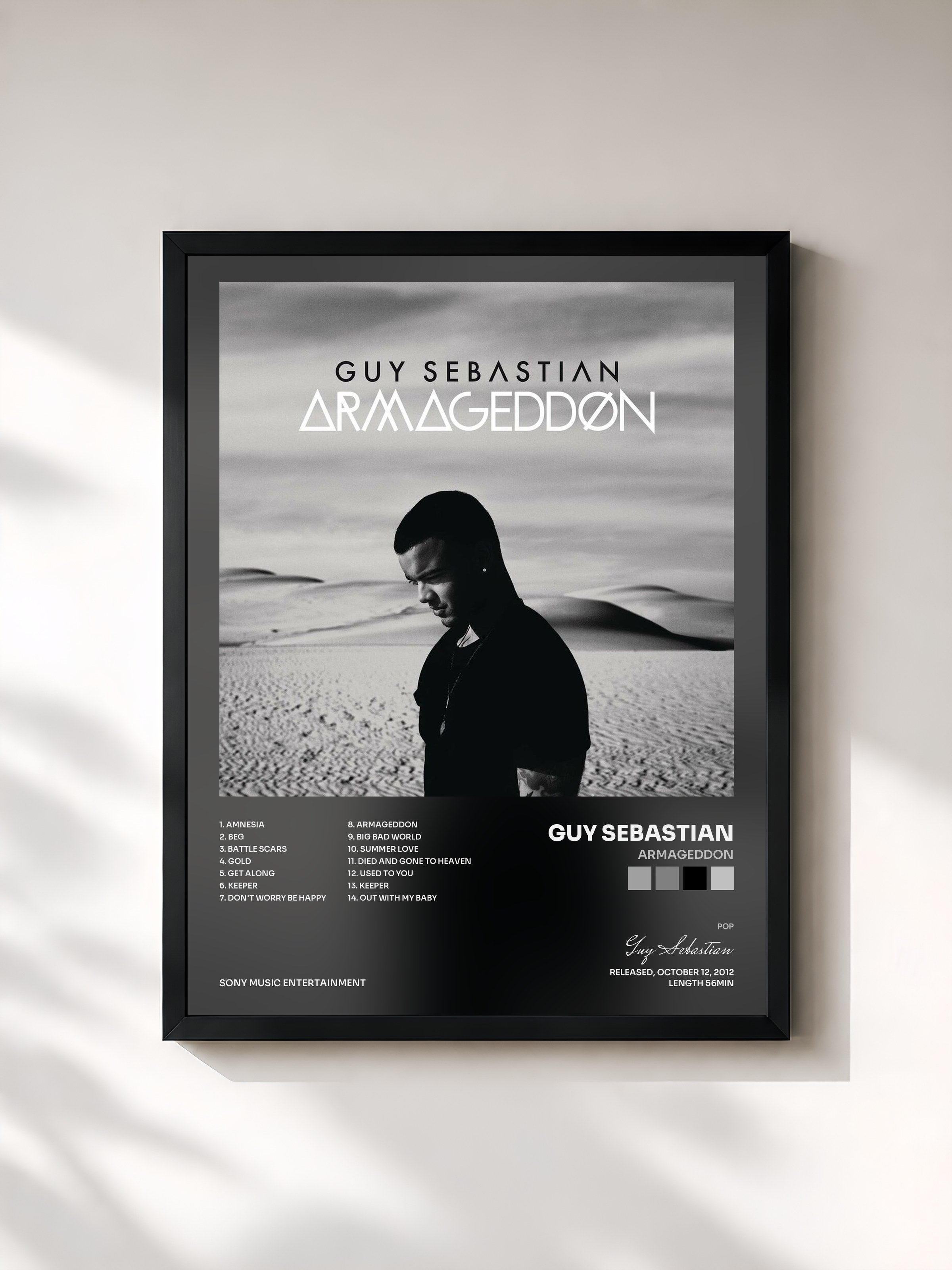 #noir Tableau de l'album Armageddon de Guy Sebastian, cadre noir, imprimé et encadré en France