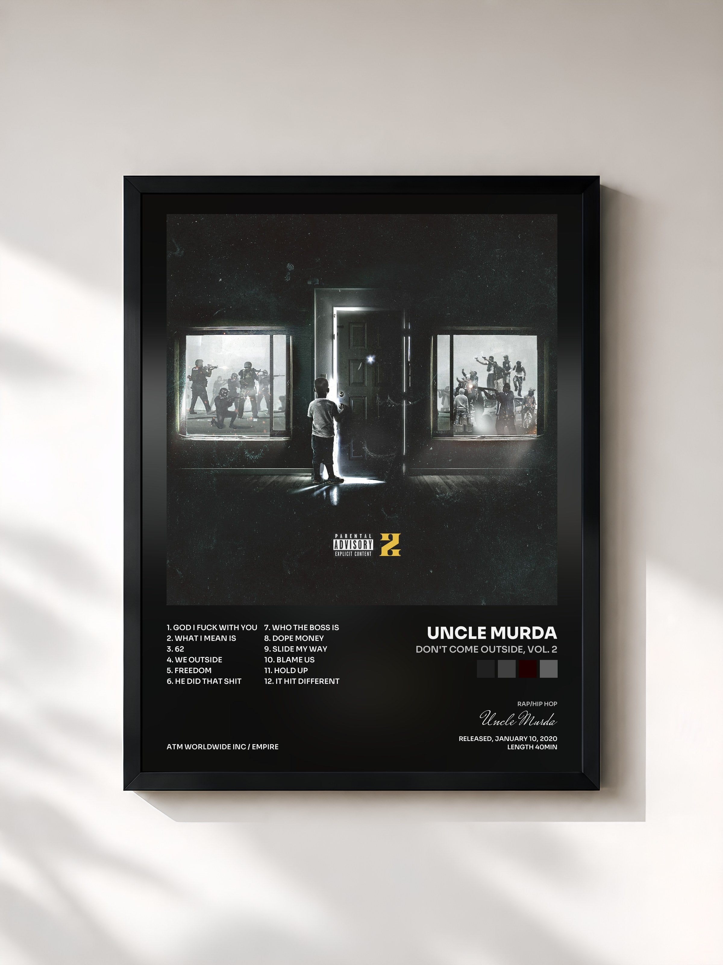 #noir Tableau de l'album Don't Come Outside, Vol. 2 de Uncle Murda, cadre noir, imprimé et encadré en France