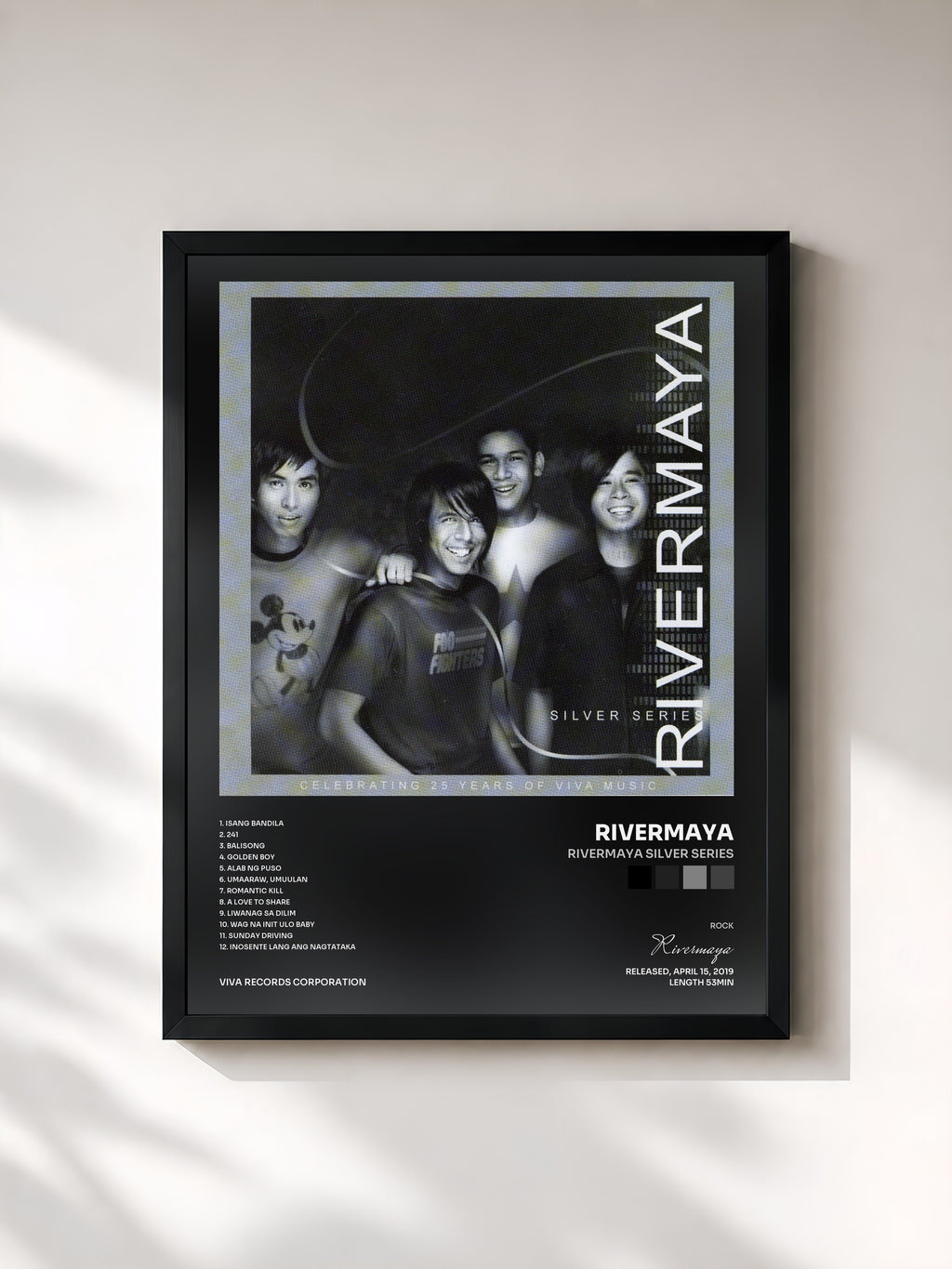 #noir Tableau de l'album Rivermaya Silver Series de Rivermaya, cadre noir, imprimé et encadré en France