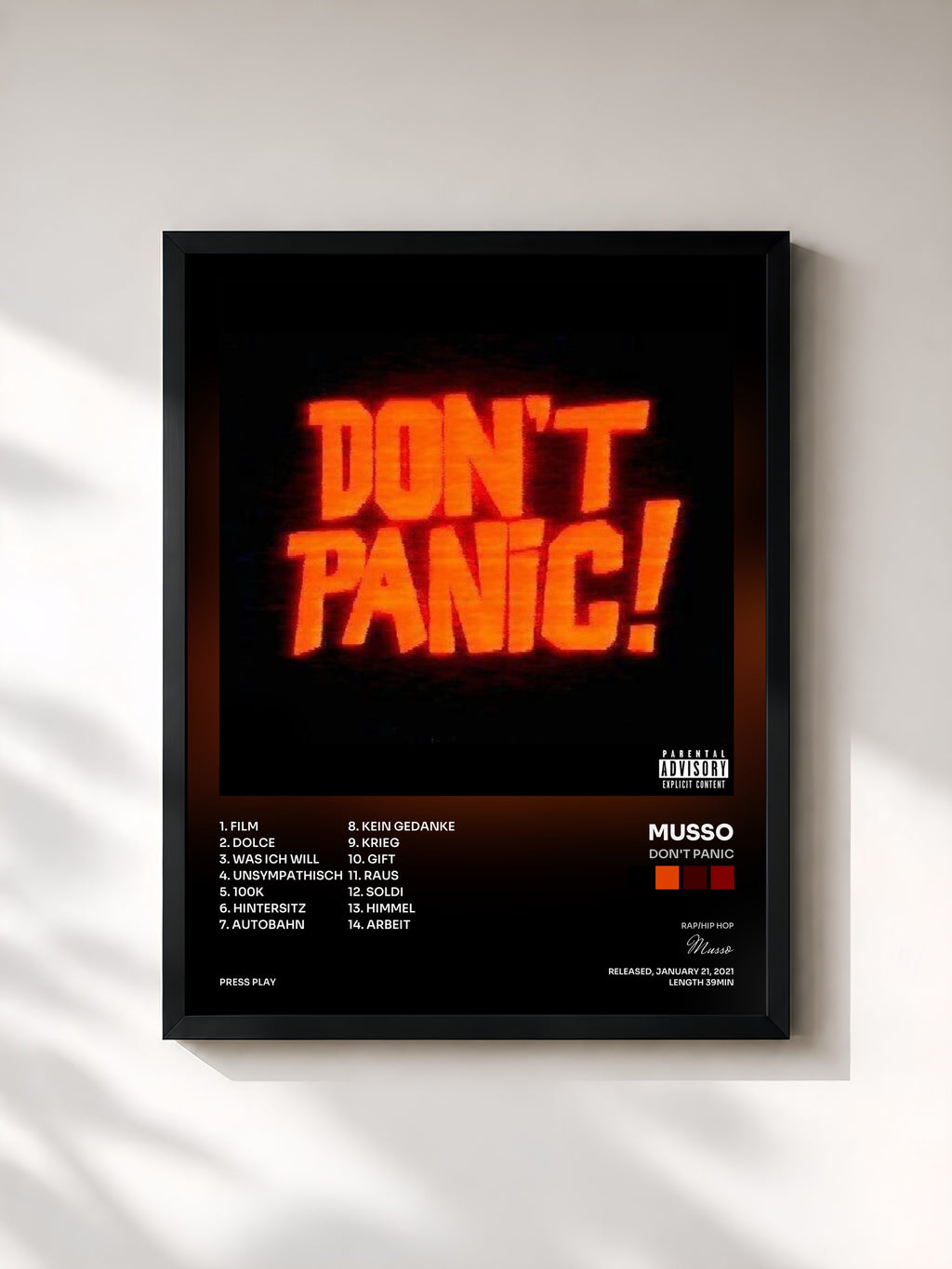 #noir Tableau de l'album Don't Panic de Musso, cadre noir, imprimé et encadré en France