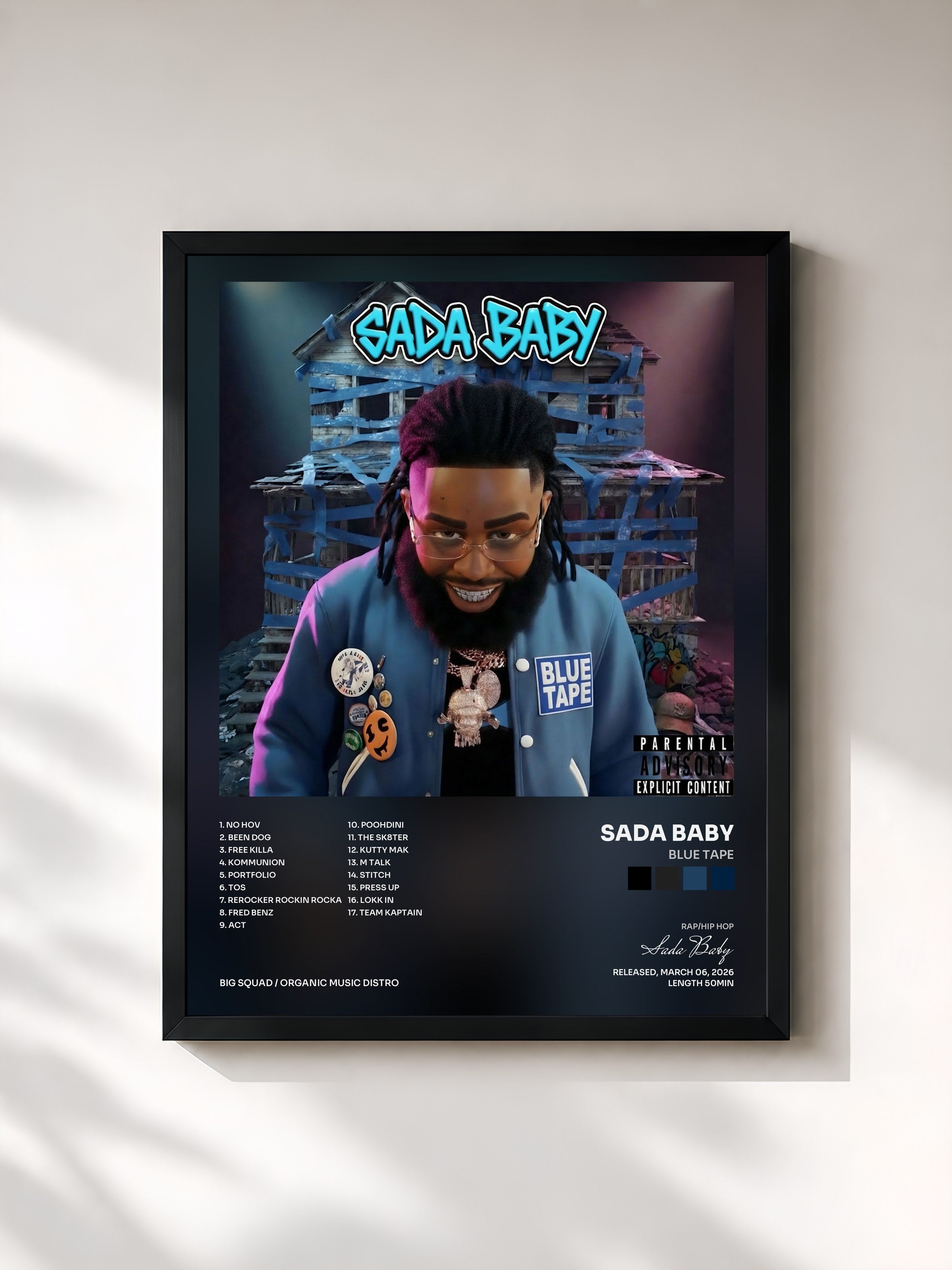#noir Tableau de l'album BLUE TAPE de Sada Baby, cadre noir, imprimé et encadré en France