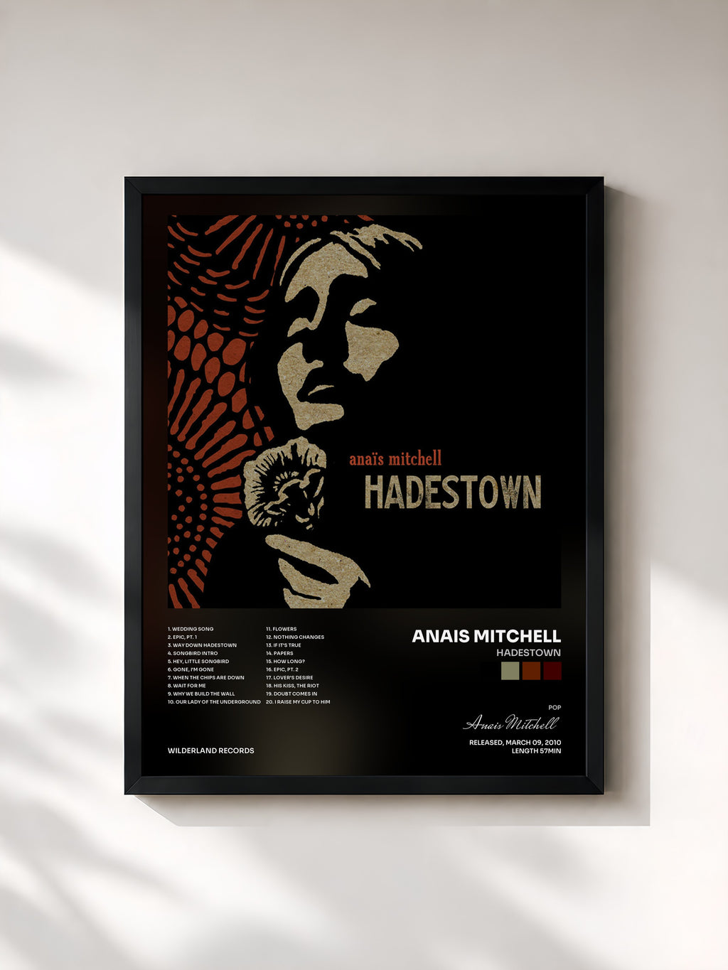 #noir Tableau de l'album Hadestown de Anais Mitchell, cadre noir, imprimé et encadré en France