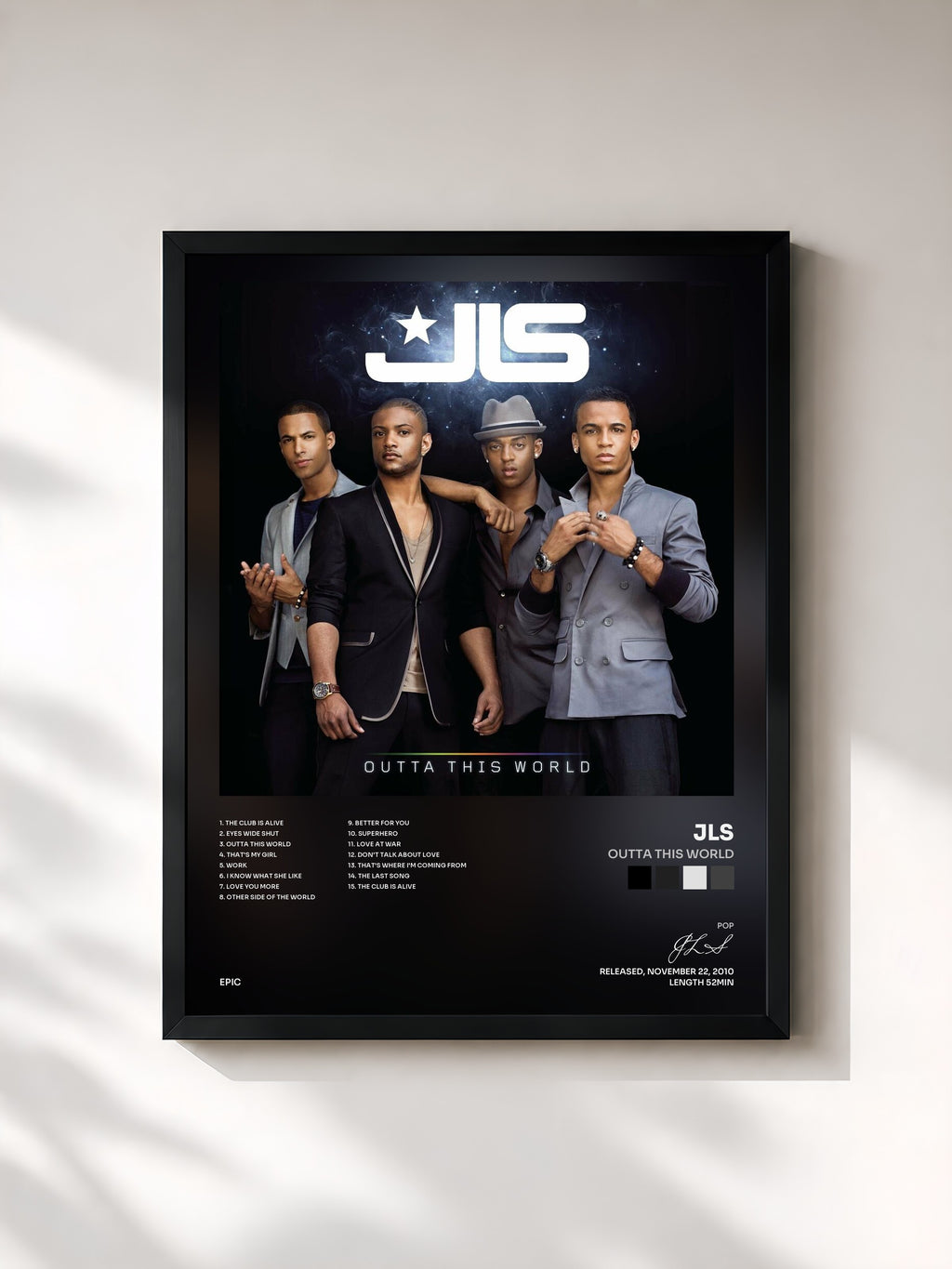 #noir Tableau de l'album Outta This World de JLS, cadre noir, imprimé et encadré en France