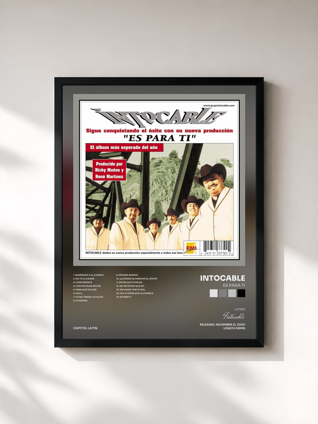 #noir Tableau de l'album Es Para Ti de Intocable, cadre noir, imprimé et encadré en France