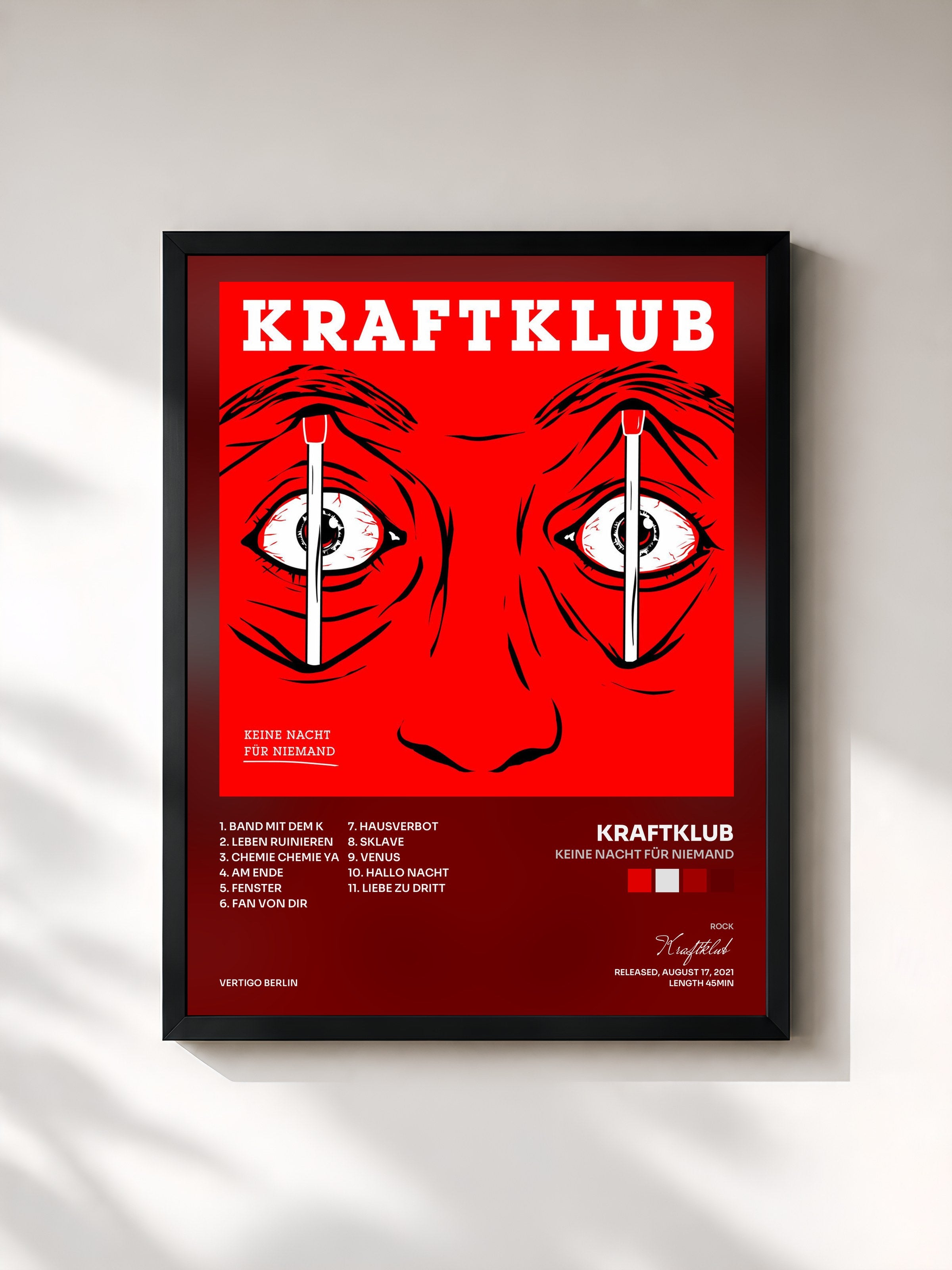#noir Tableau de l'album Keine Nacht für Niemand de Kraftklub, cadre noir, imprimé et encadré en France