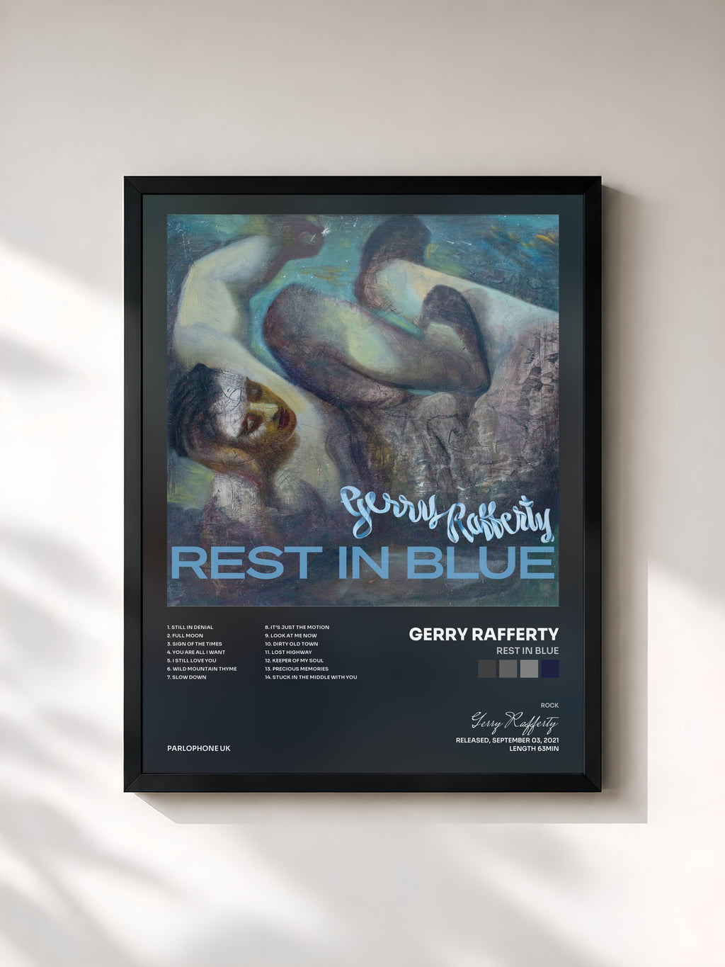 #noir Tableau de l'album Rest In Blue de Gerry Rafferty, cadre noir, imprimé et encadré en France