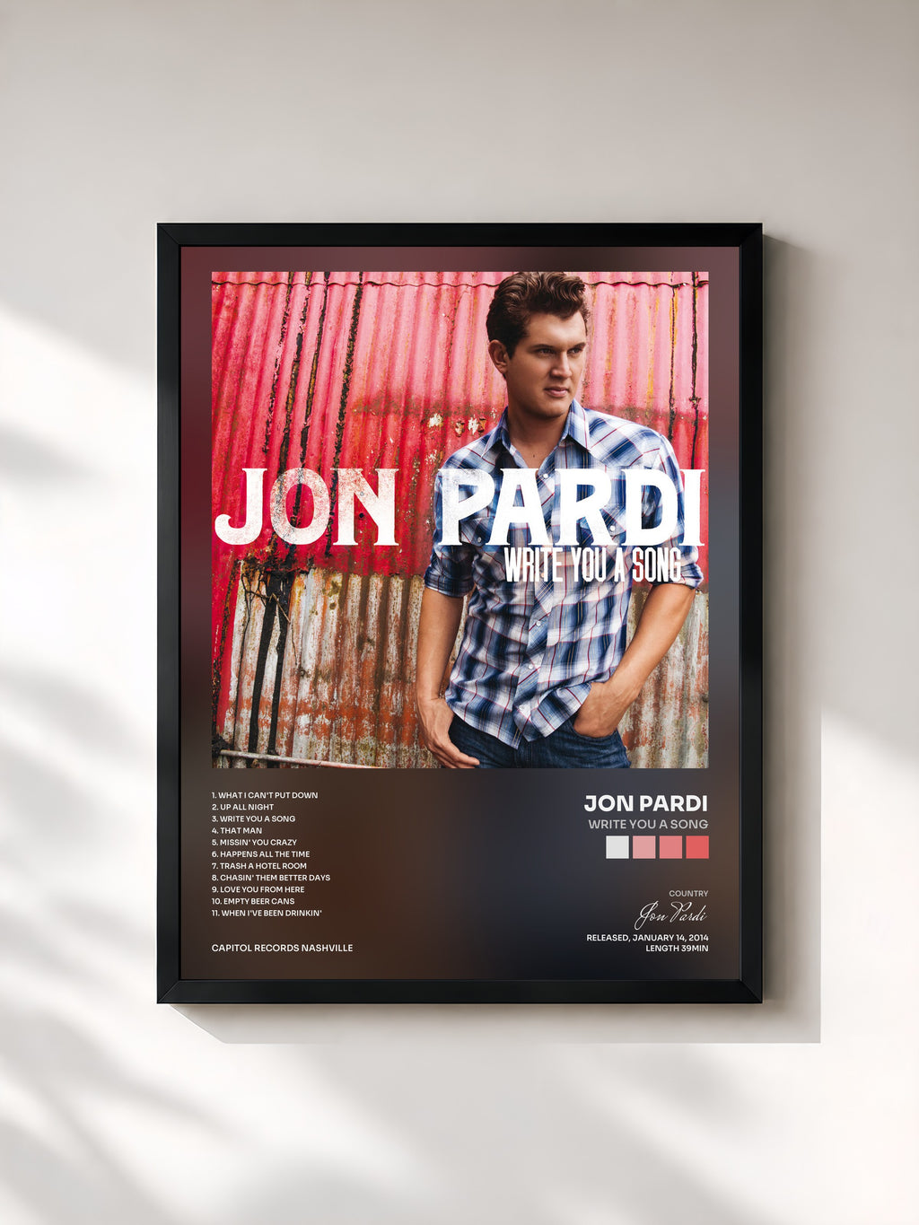 #noir Tableau de l'album Write You A Song de Jon Pardi, cadre noir, imprimé et encadré en France