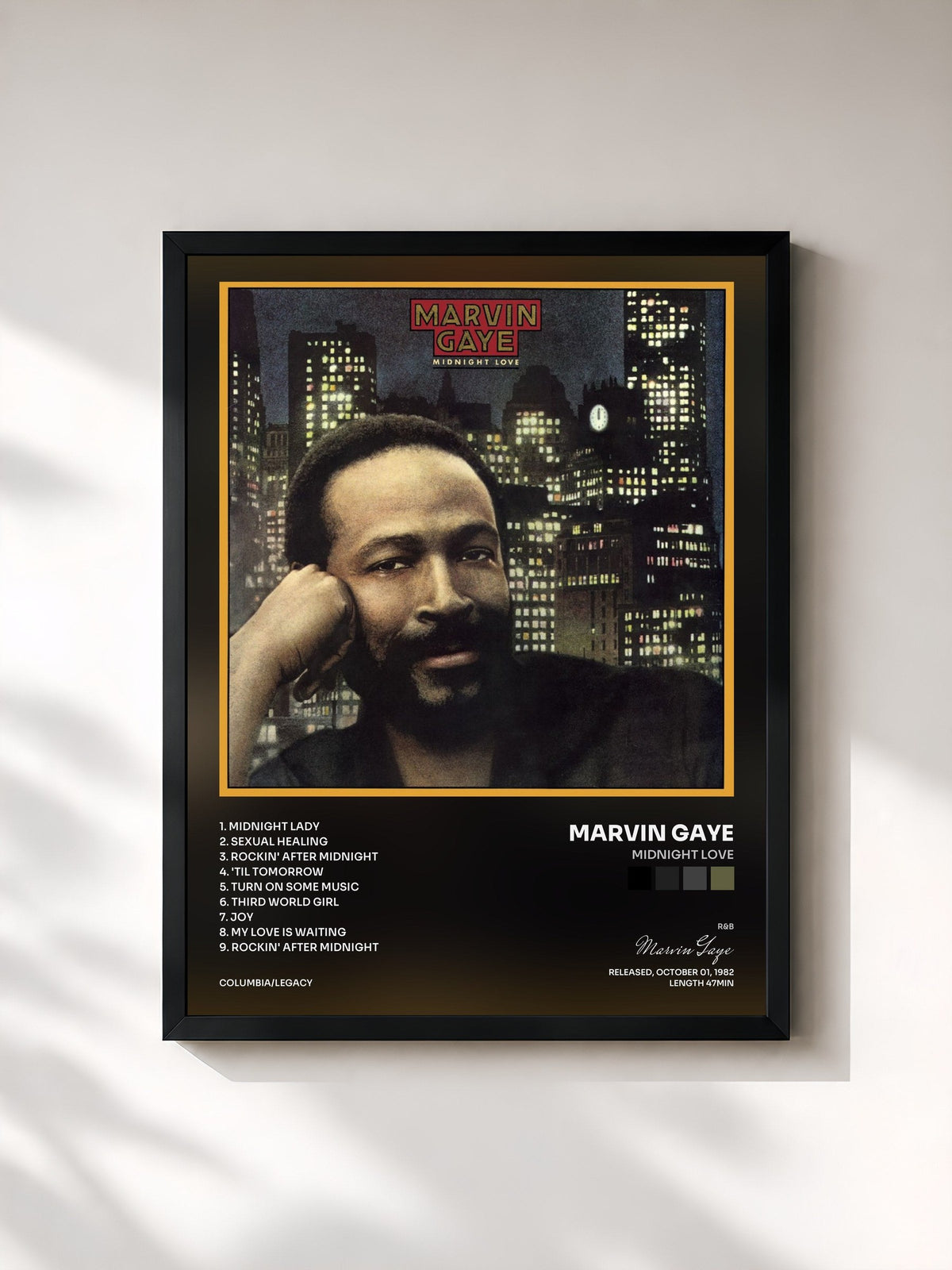 #noir Tableau de l'album Midnight Love de Marvin Gaye, cadre noir, imprimé et encadré en France