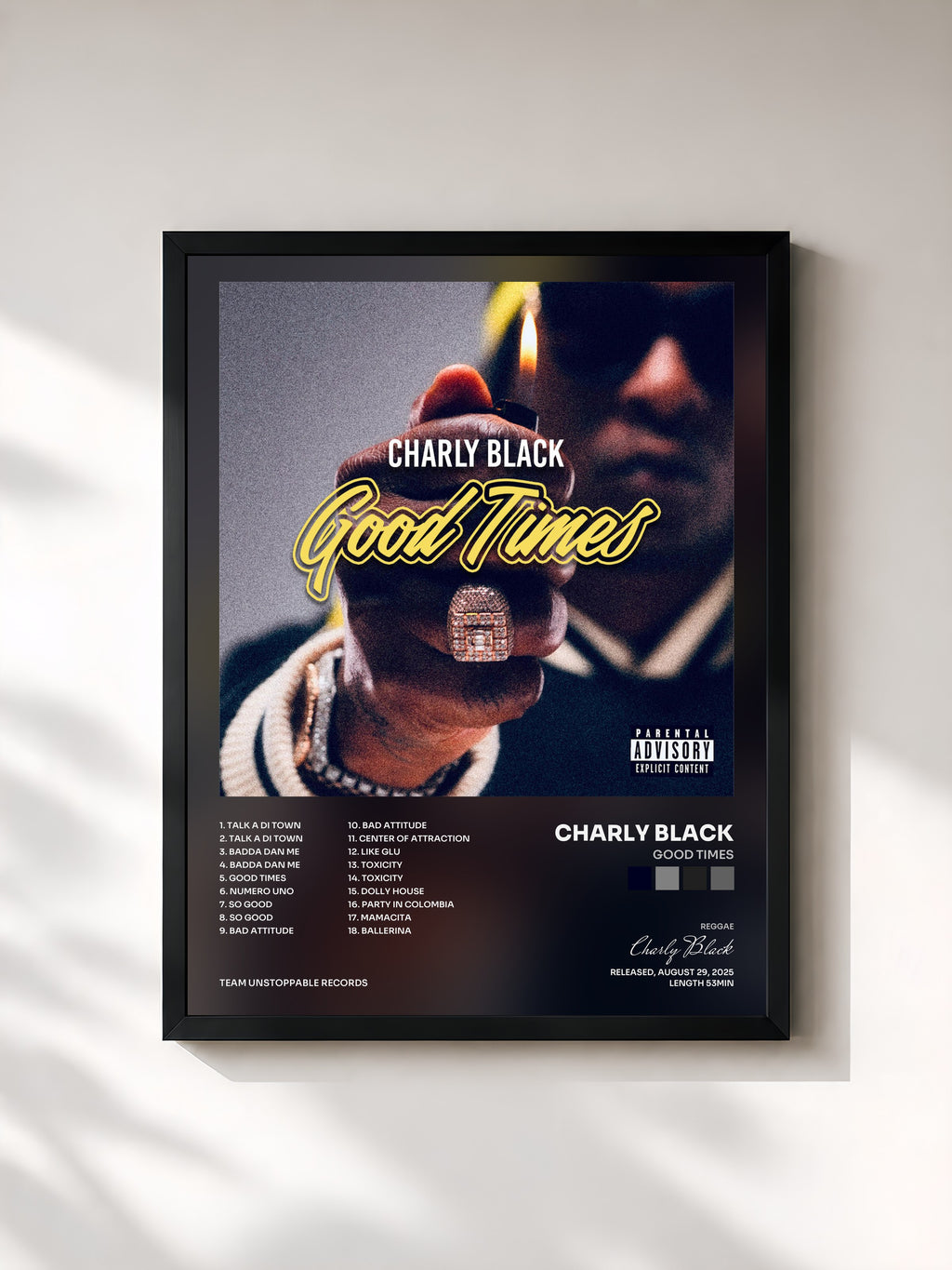 #noir Tableau de l'album Good Times de Charly Black, cadre noir, imprimé et encadré en France
