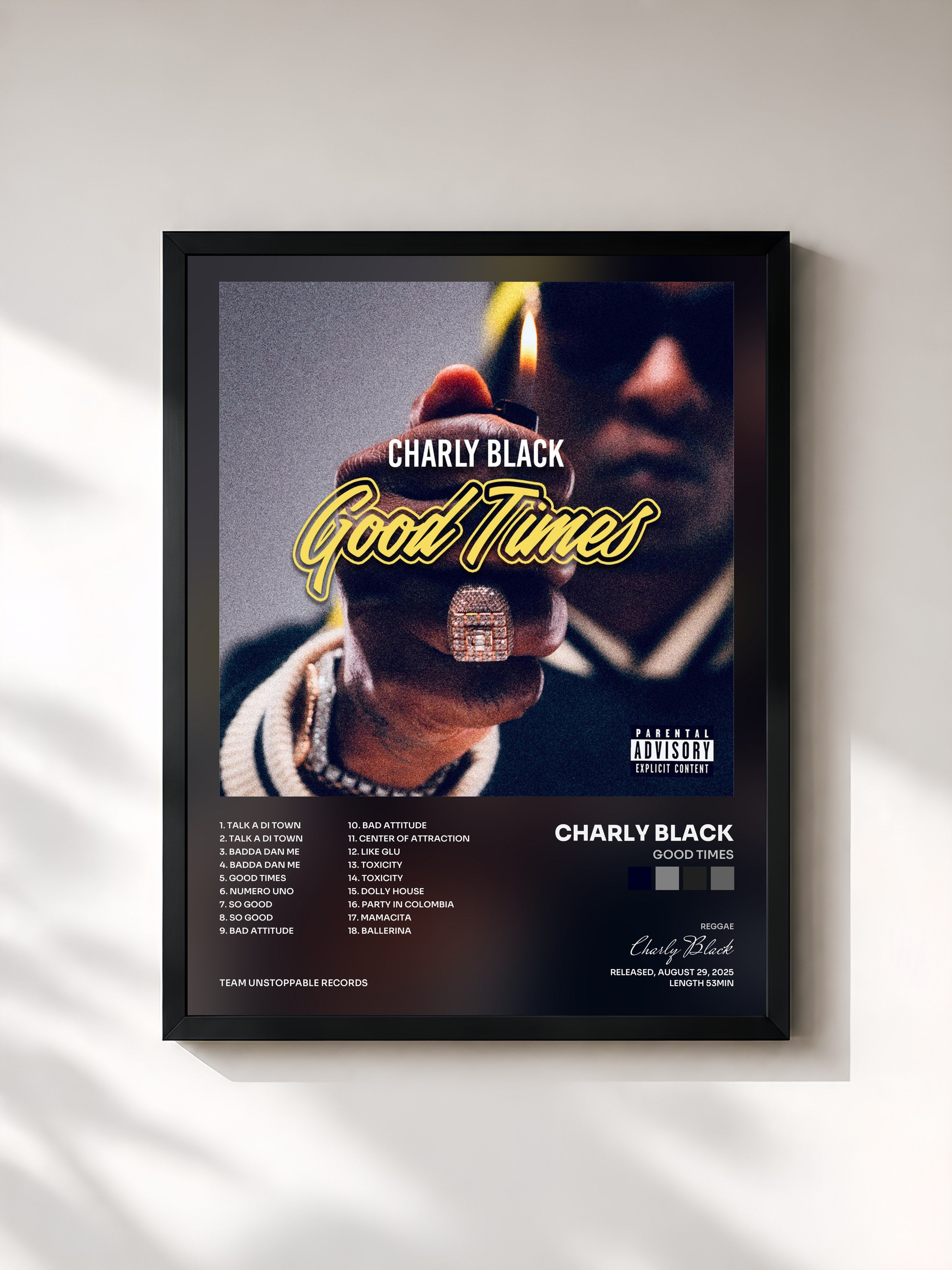 #noir Tableau de l'album Good Times de Charly Black, cadre noir, imprimé et encadré en France
