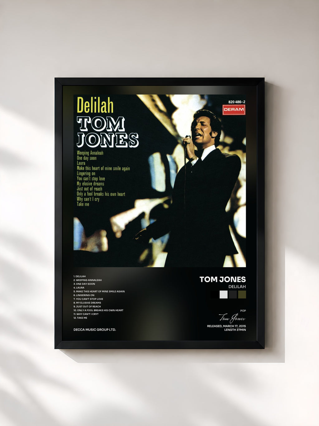 #noir Tableau de l'album Delilah de Tom Jones, cadre noir, imprimé et encadré en France