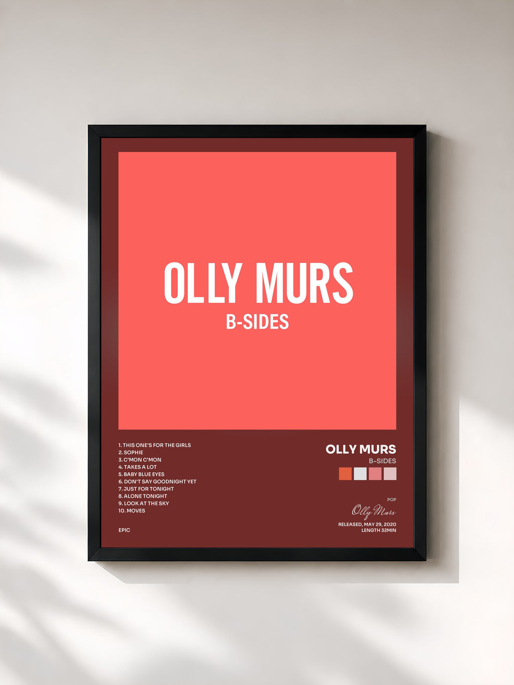 #noir Tableau de l'album B-Sides de Olly Murs, cadre noir, imprimé et encadré en France