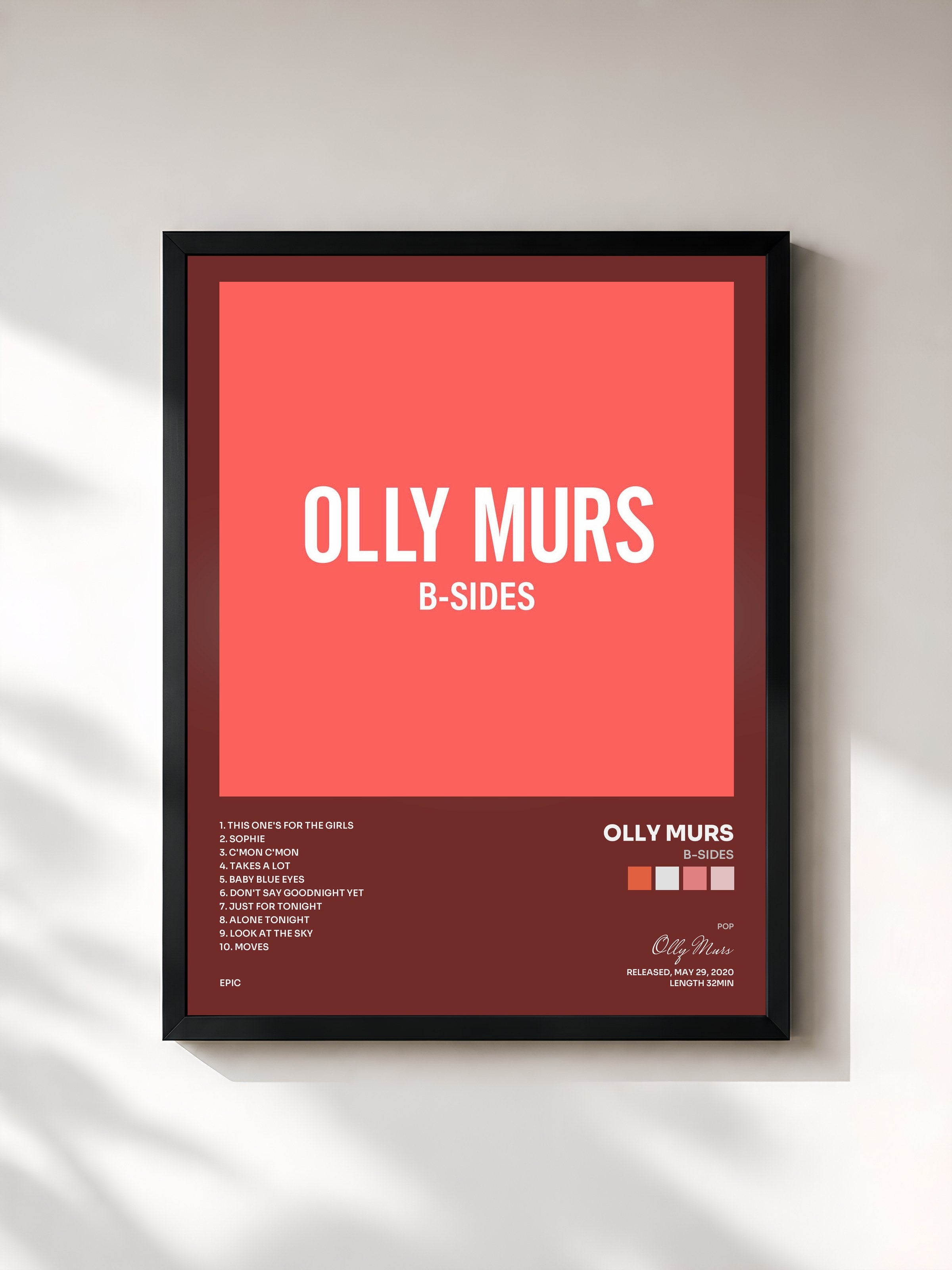 #noir Tableau de l'album B-Sides de Olly Murs, cadre noir, imprimé et encadré en France