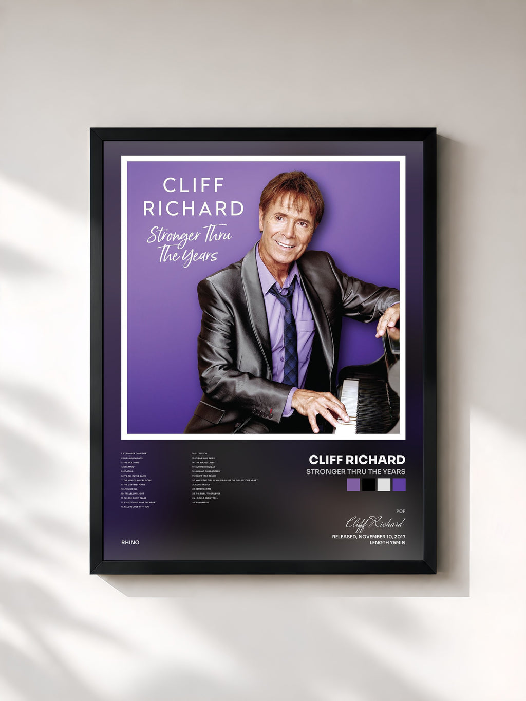 #noir Tableau de l'album Stronger Thru the Years de Cliff Richard, cadre noir, imprimé et encadré en France