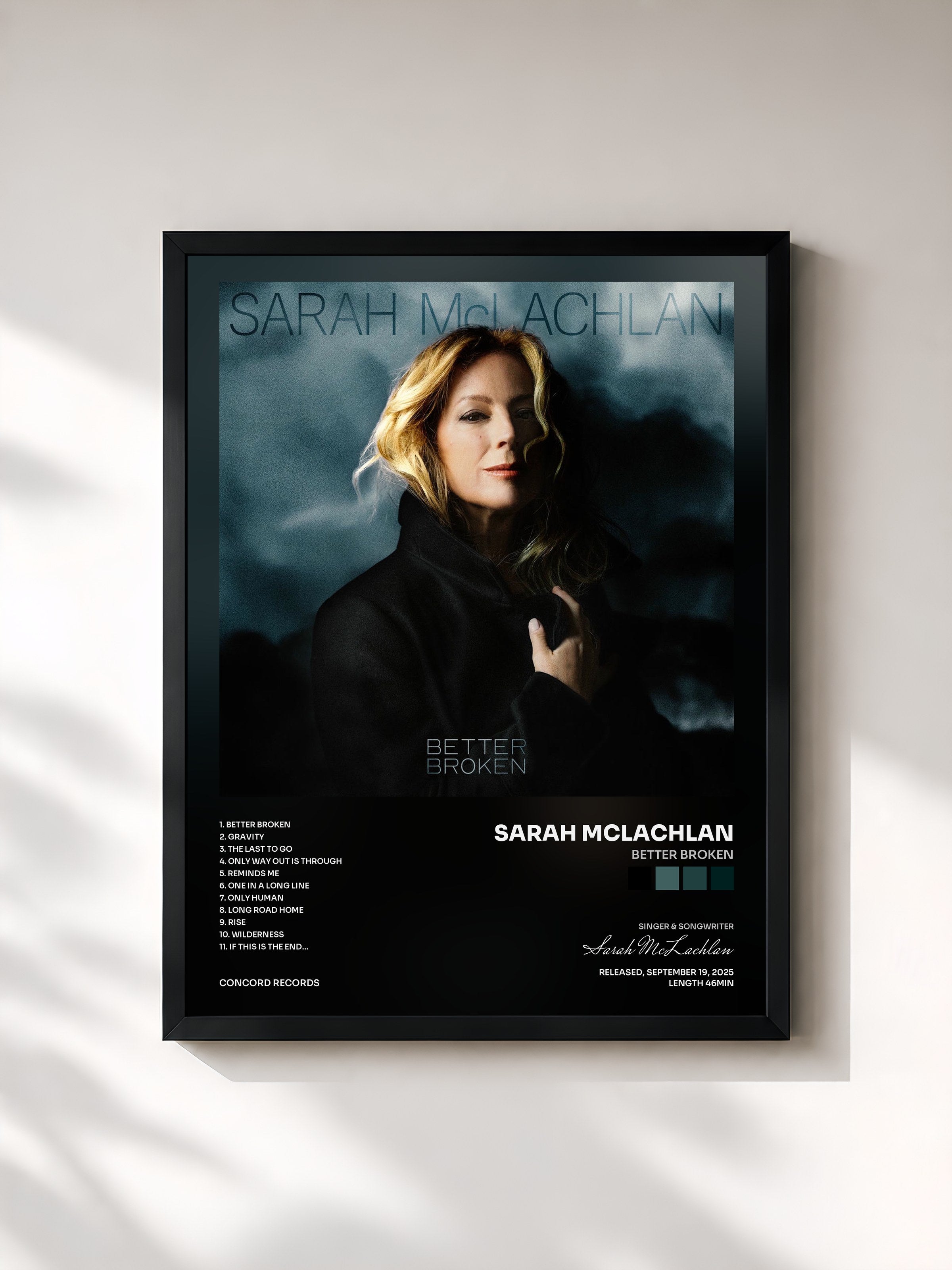 #noir Tableau de l'album Better Broken de Sarah McLachlan, cadre noir, imprimé et encadré en France
