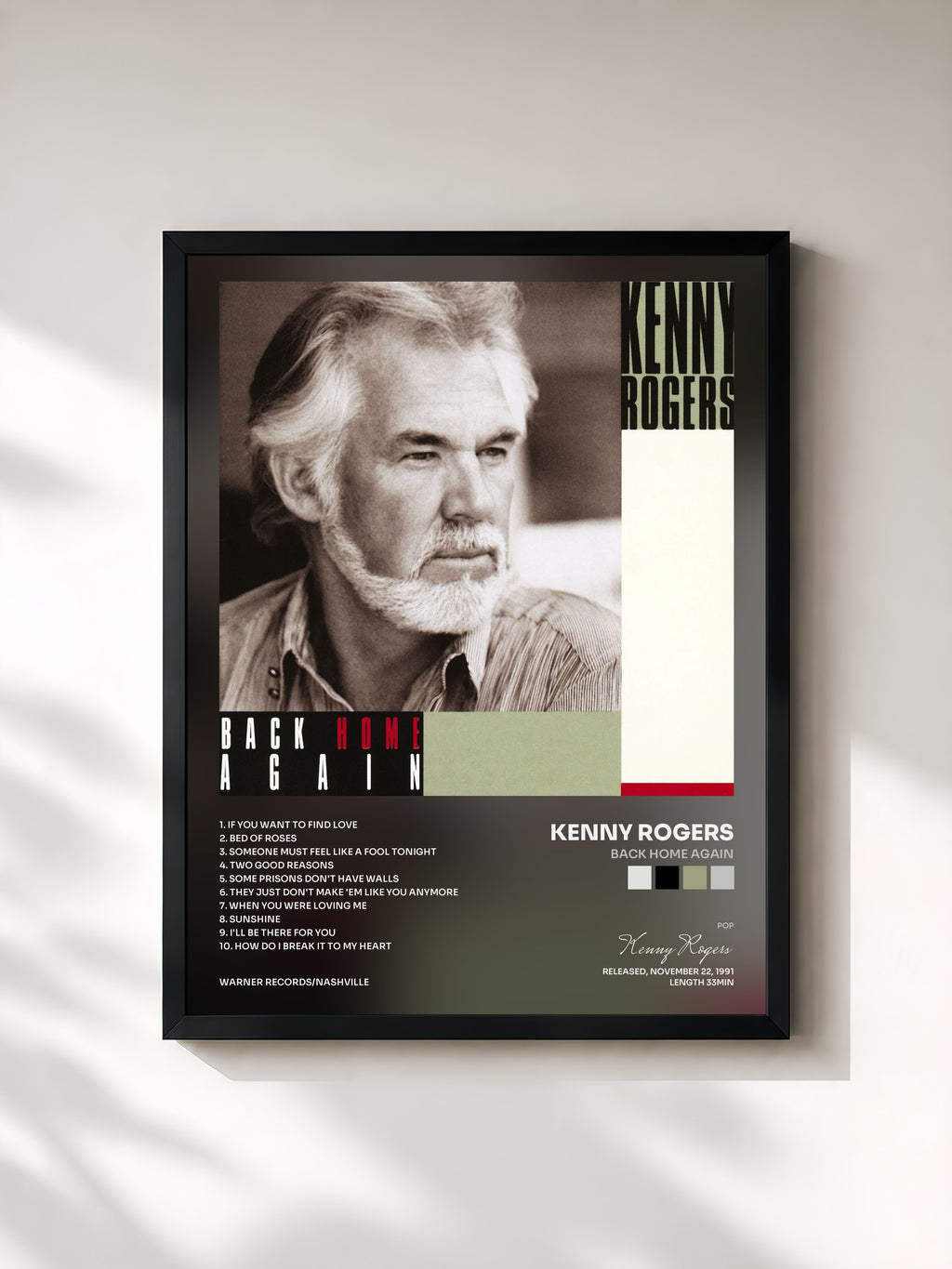 #noir Tableau de l'album Back Home Again de Kenny Rogers, cadre noir, imprimé et encadré en France