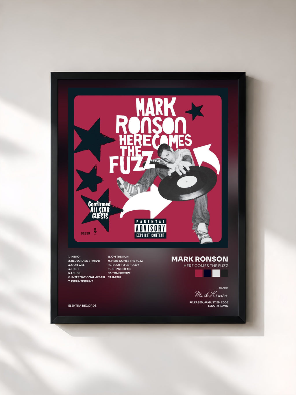 #noir Tableau de l'album Here Comes The Fuzz de Mark Ronson, cadre noir, imprimé et encadré en France
