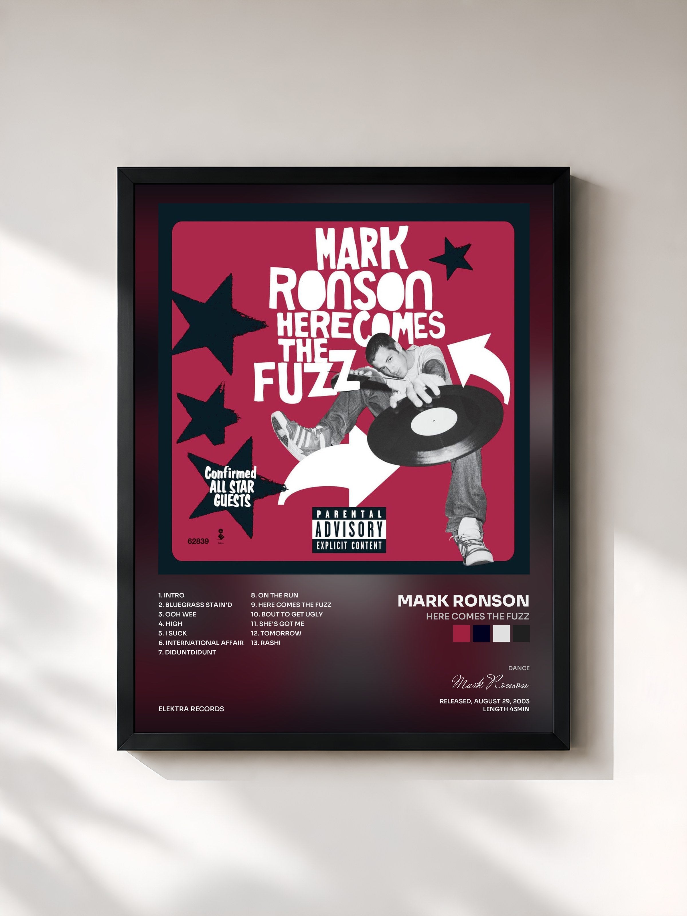 #noir Tableau de l'album Here Comes The Fuzz de Mark Ronson, cadre noir, imprimé et encadré en France