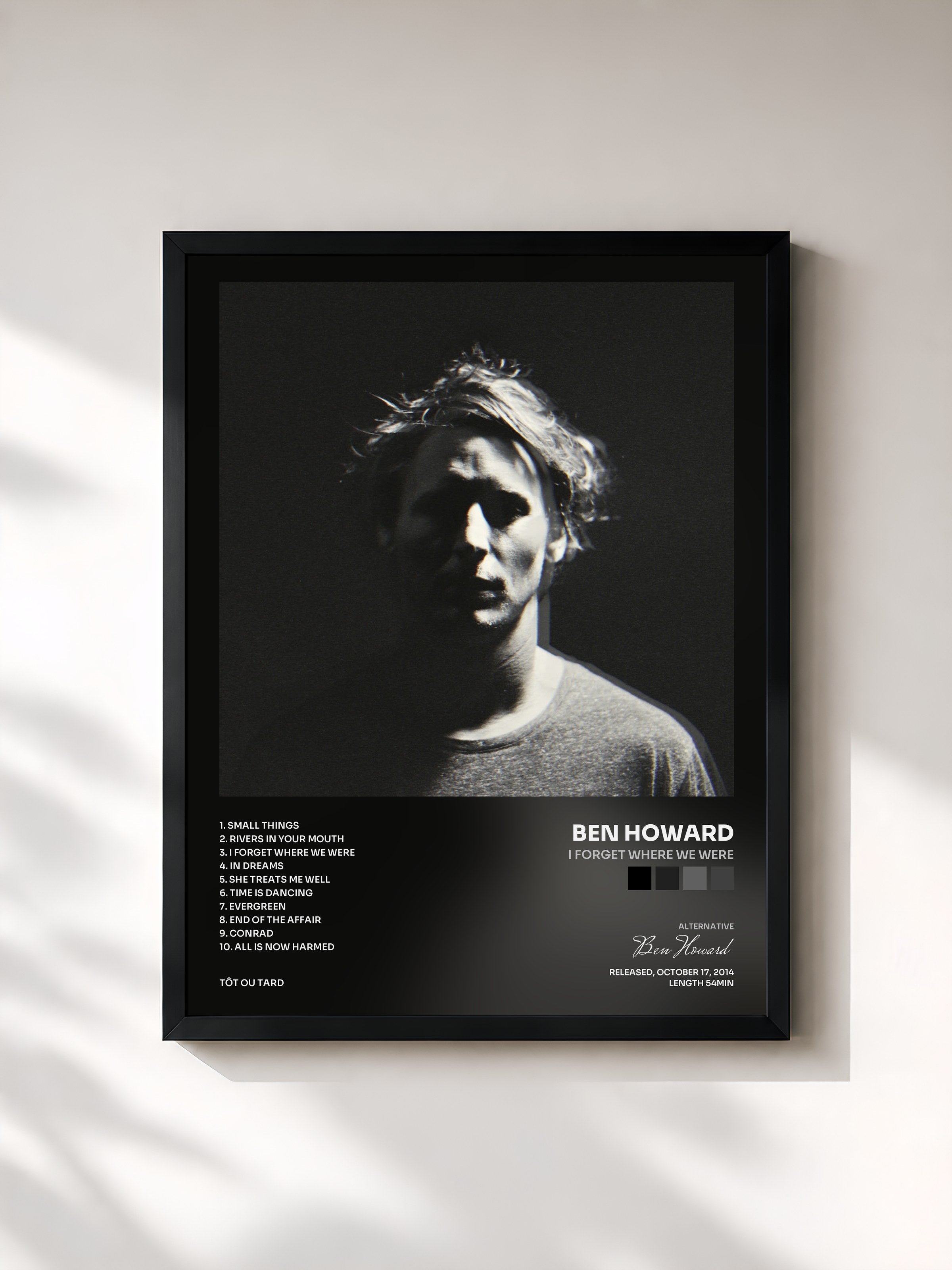 #noir Tableau de l'album I Forget Where We Were de Ben Howard, cadre noir, imprimé et encadré en France