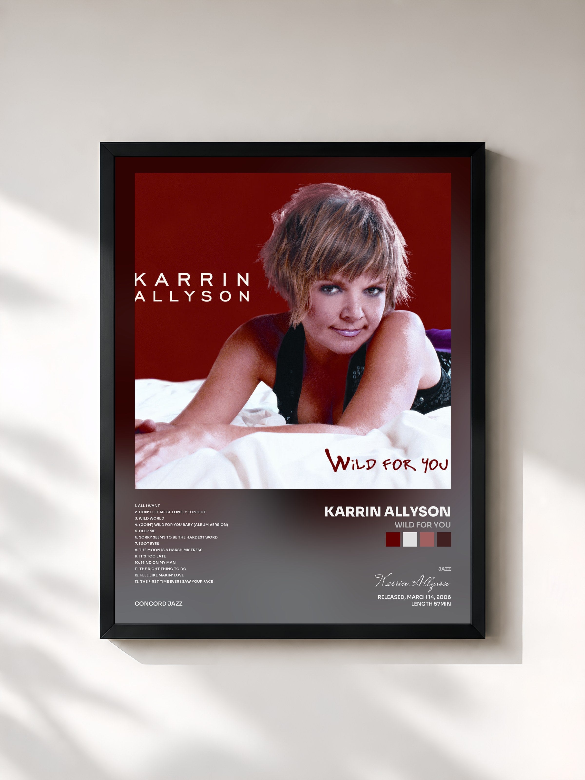 #noir Tableau de l'album Wild For You de Karrin Allyson, cadre noir, imprimé et encadré en France