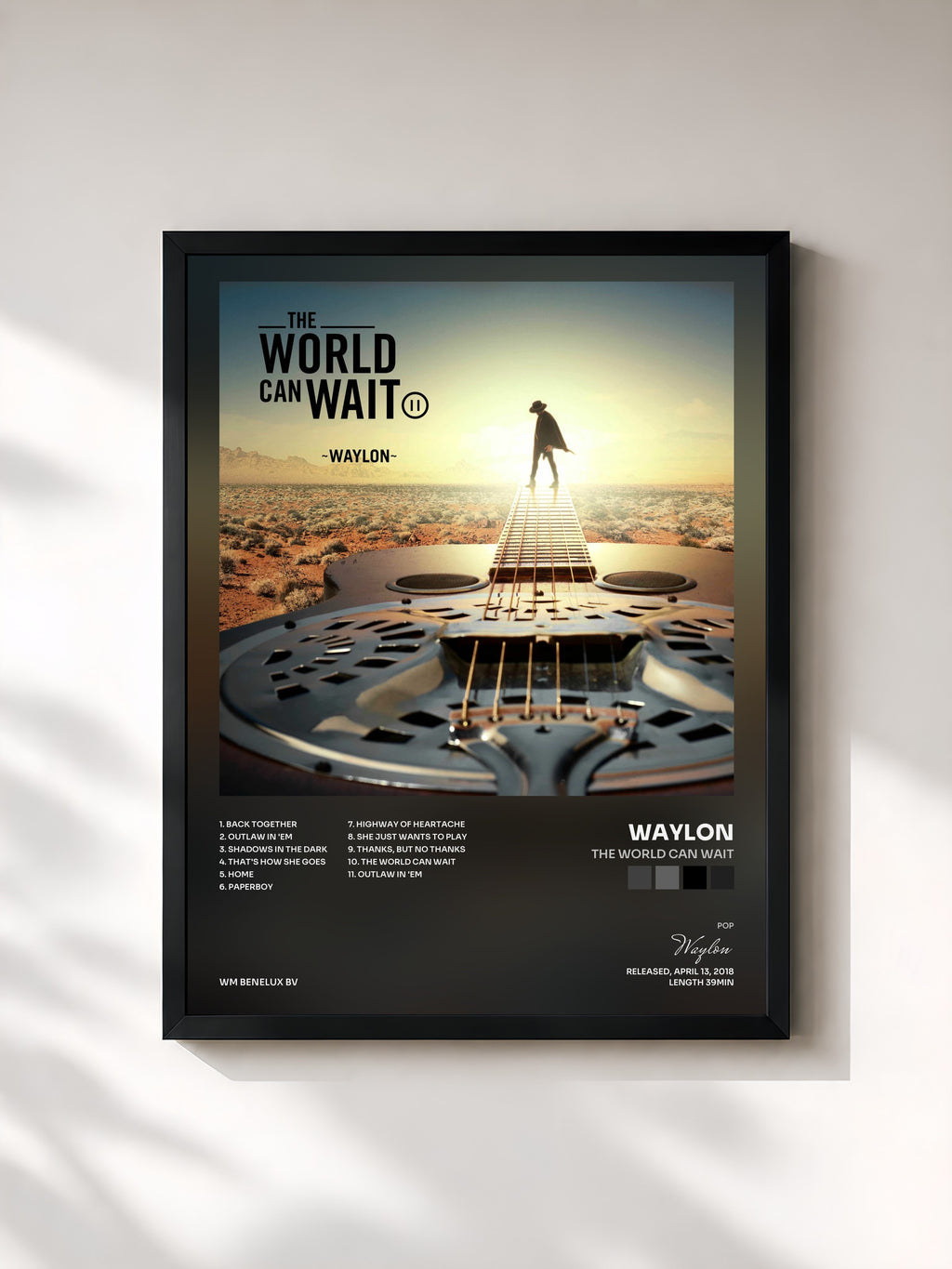 #noir Tableau de l'album The World Can Wait de Waylon, cadre noir, imprimé et encadré en France