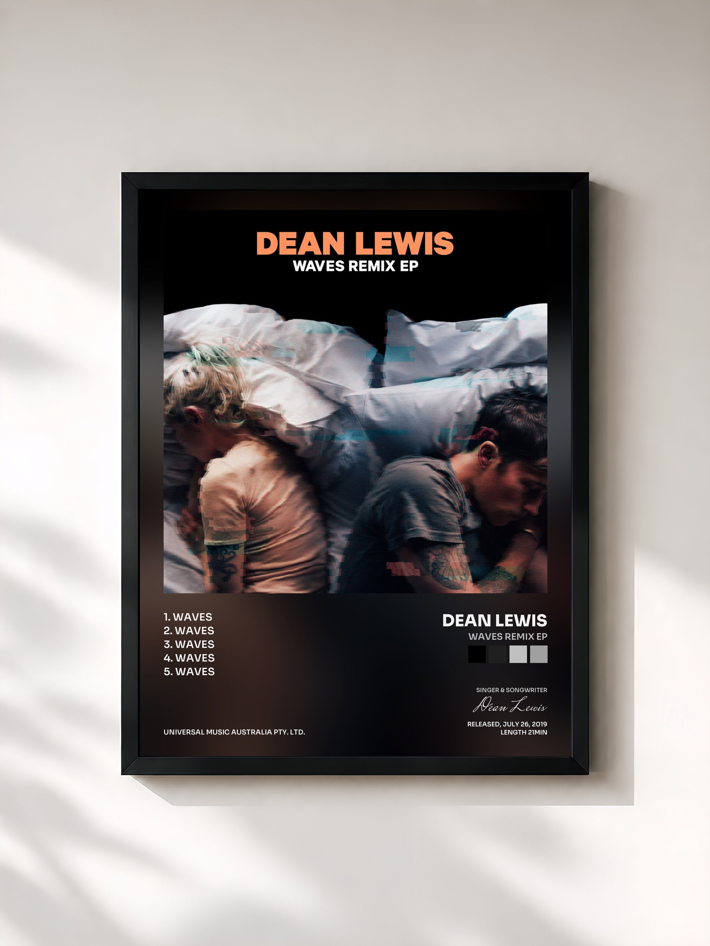 #noir Tableau de l'album Waves Remix EP de Dean Lewis, cadre noir, imprimé et encadré en France