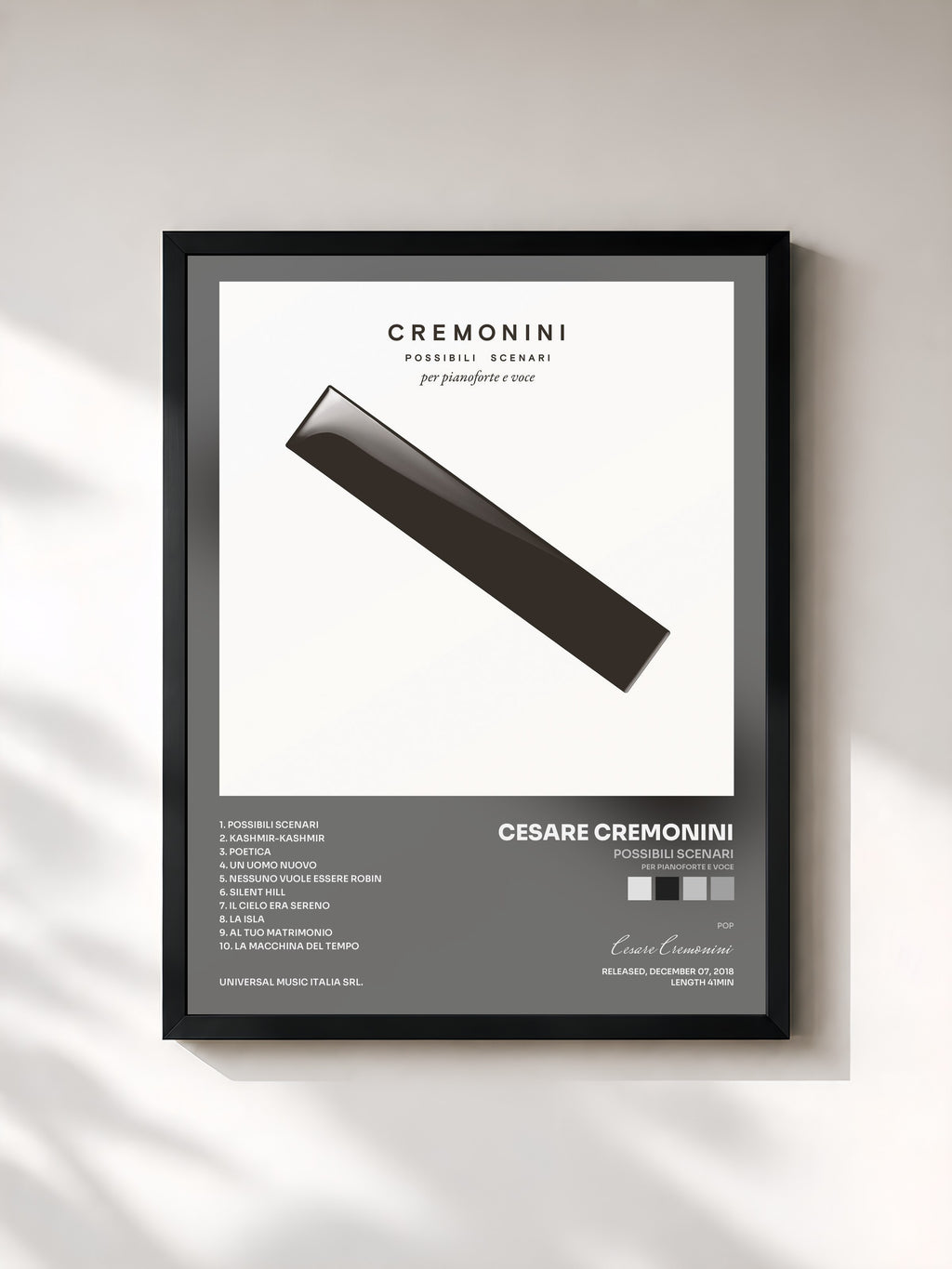 #noir Tableau de l'album Possibili Scenari (per pianoforte e voce) de Cesare Cremonini, cadre noir, imprimé et encadré en France
