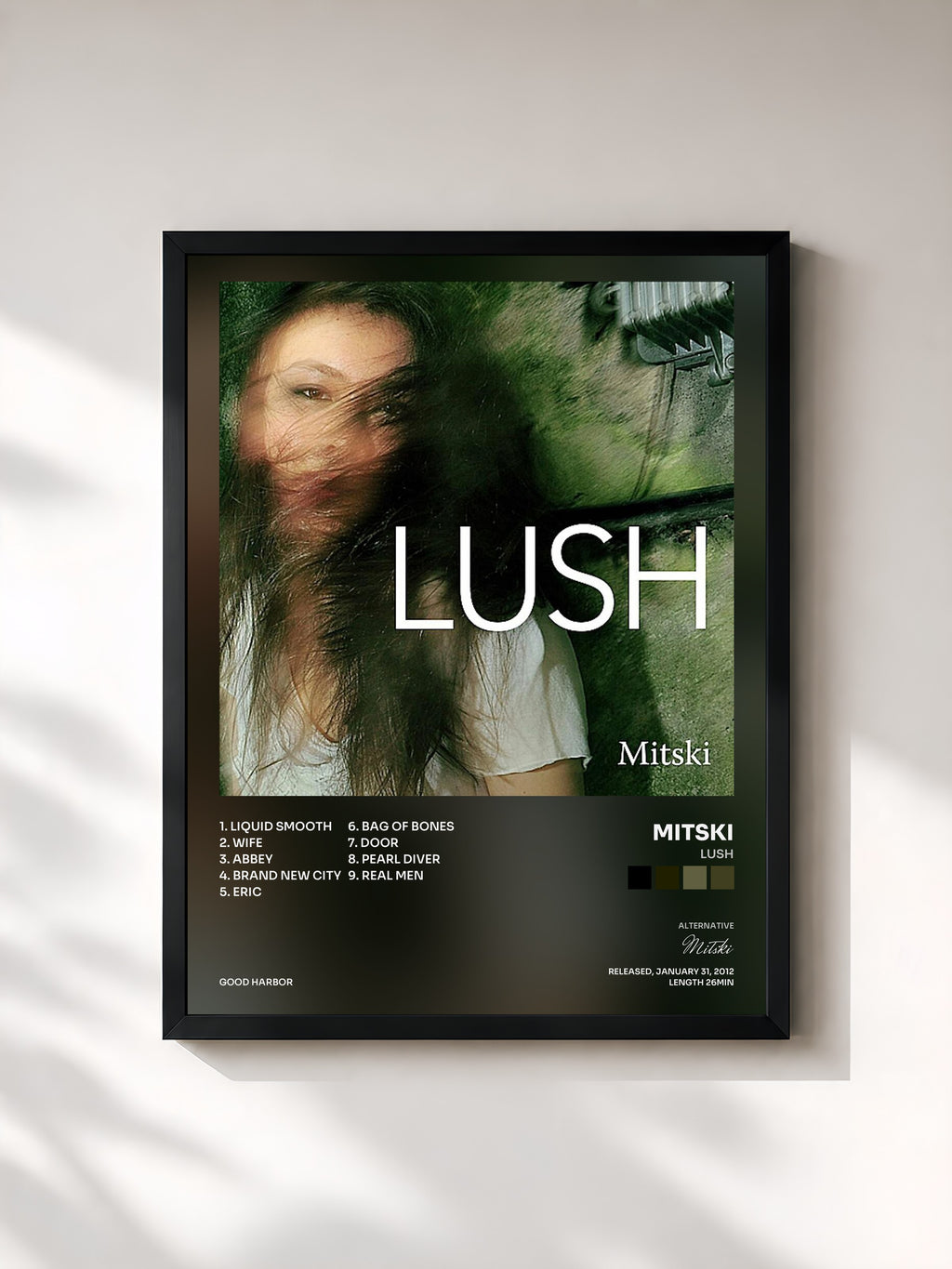#noir Tableau de l'album Lush de Mitski, cadre noir, imprimé et encadré en France