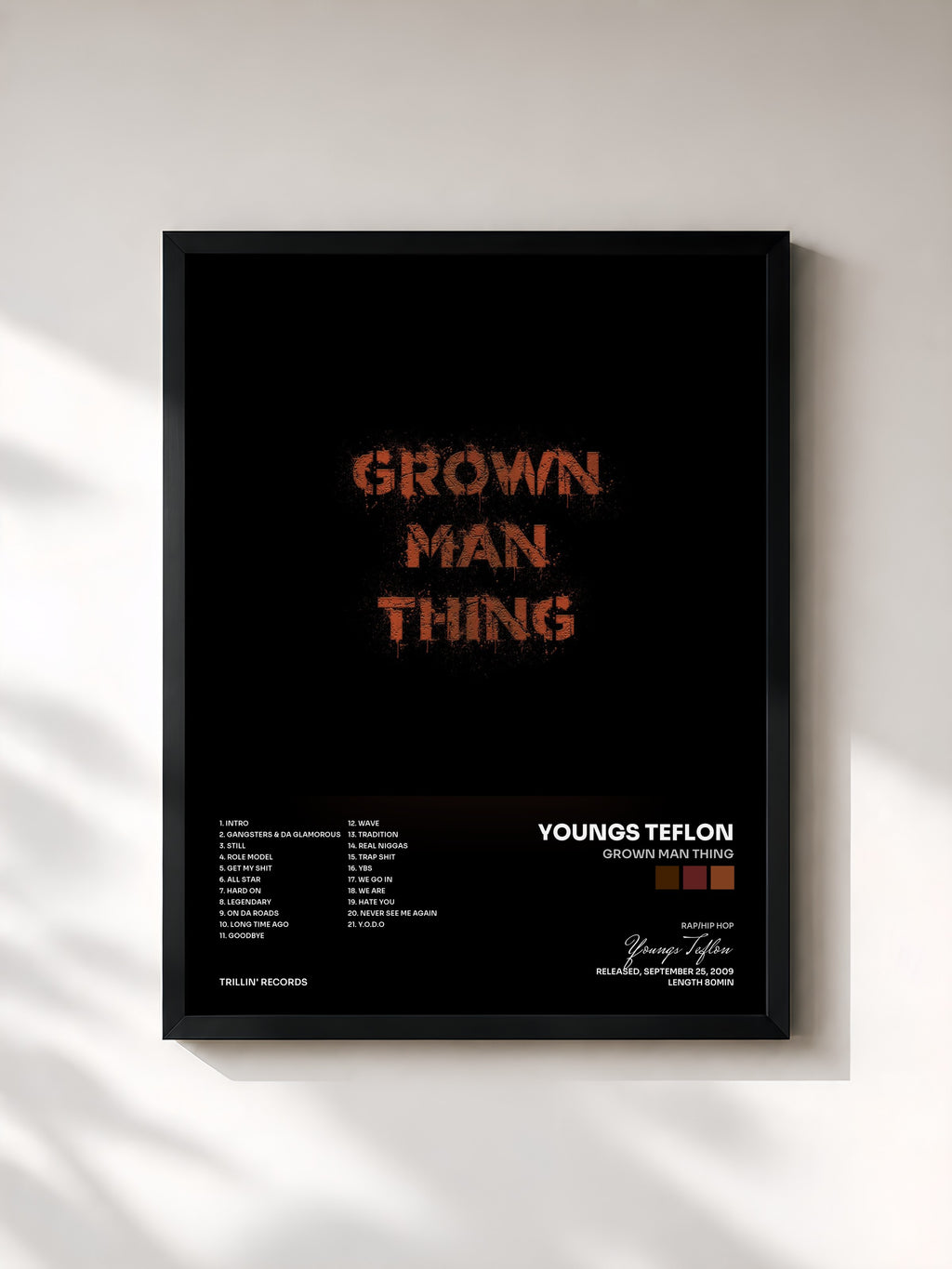 #noir Tableau de l'album Grown Man Thing de Youngs Teflon, cadre noir, imprimé et encadré en France