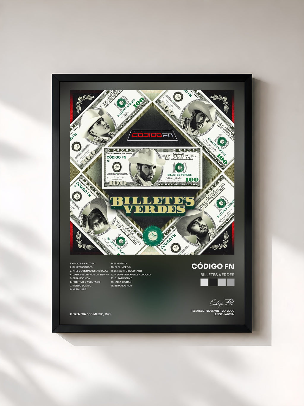 #noir Tableau de l'album Billetes Verdes de Código FN, cadre noir, imprimé et encadré en France