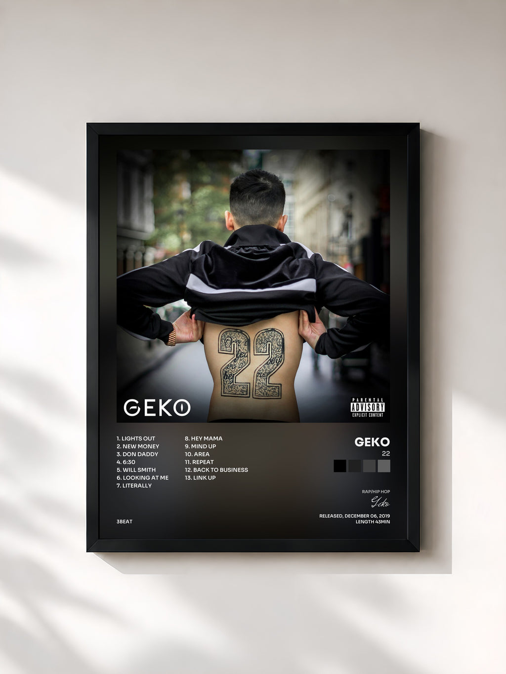 #noir Tableau de l'album 22 de Geko, cadre noir, imprimé et encadré en France
