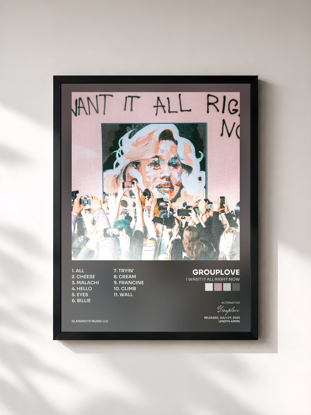 #noir Tableau de l'album I Want It All Right Now de Grouplove, cadre noir, imprimé et encadré en France