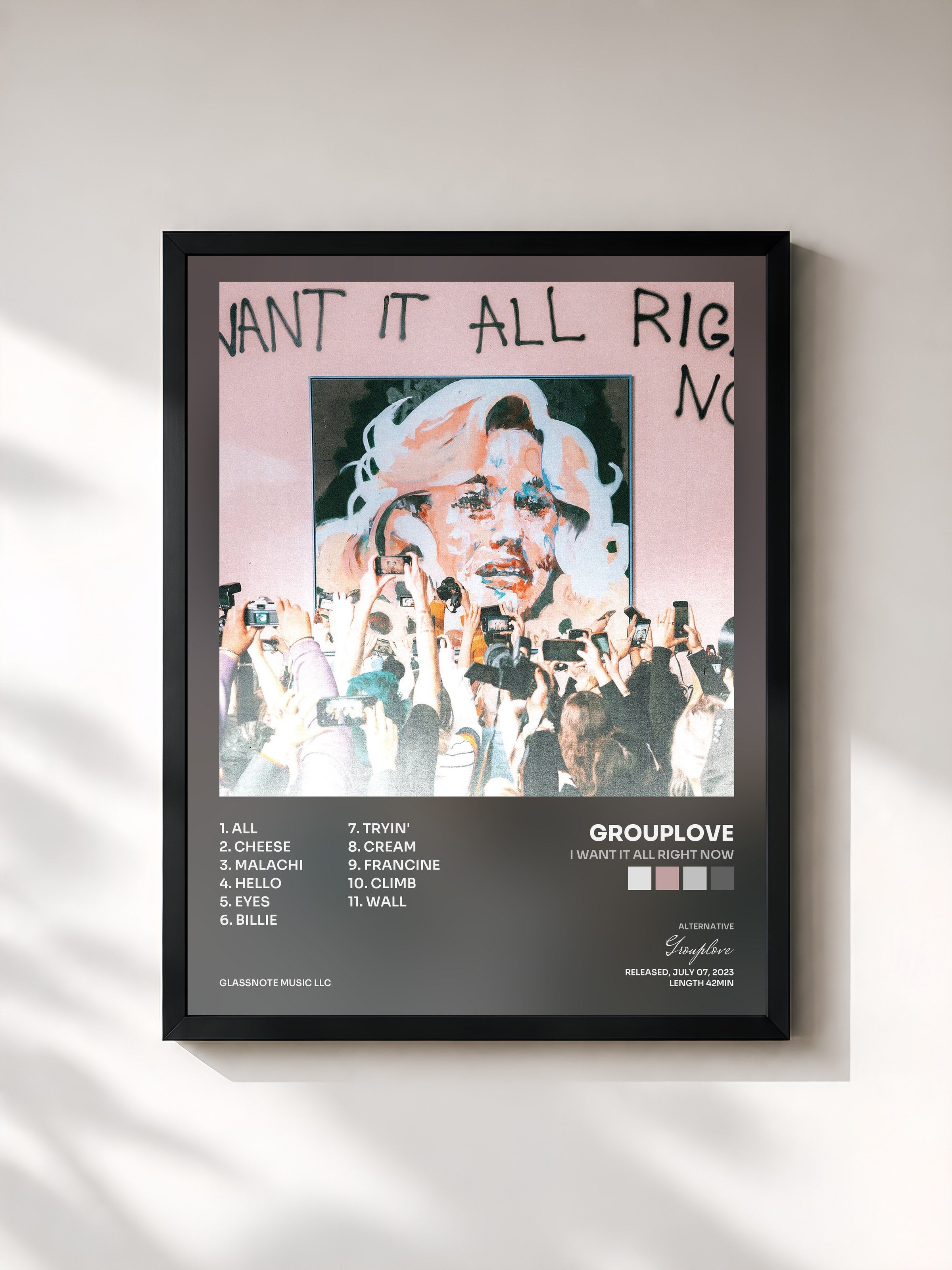 #noir Tableau de l'album I Want It All Right Now de Grouplove, cadre noir, imprimé et encadré en France