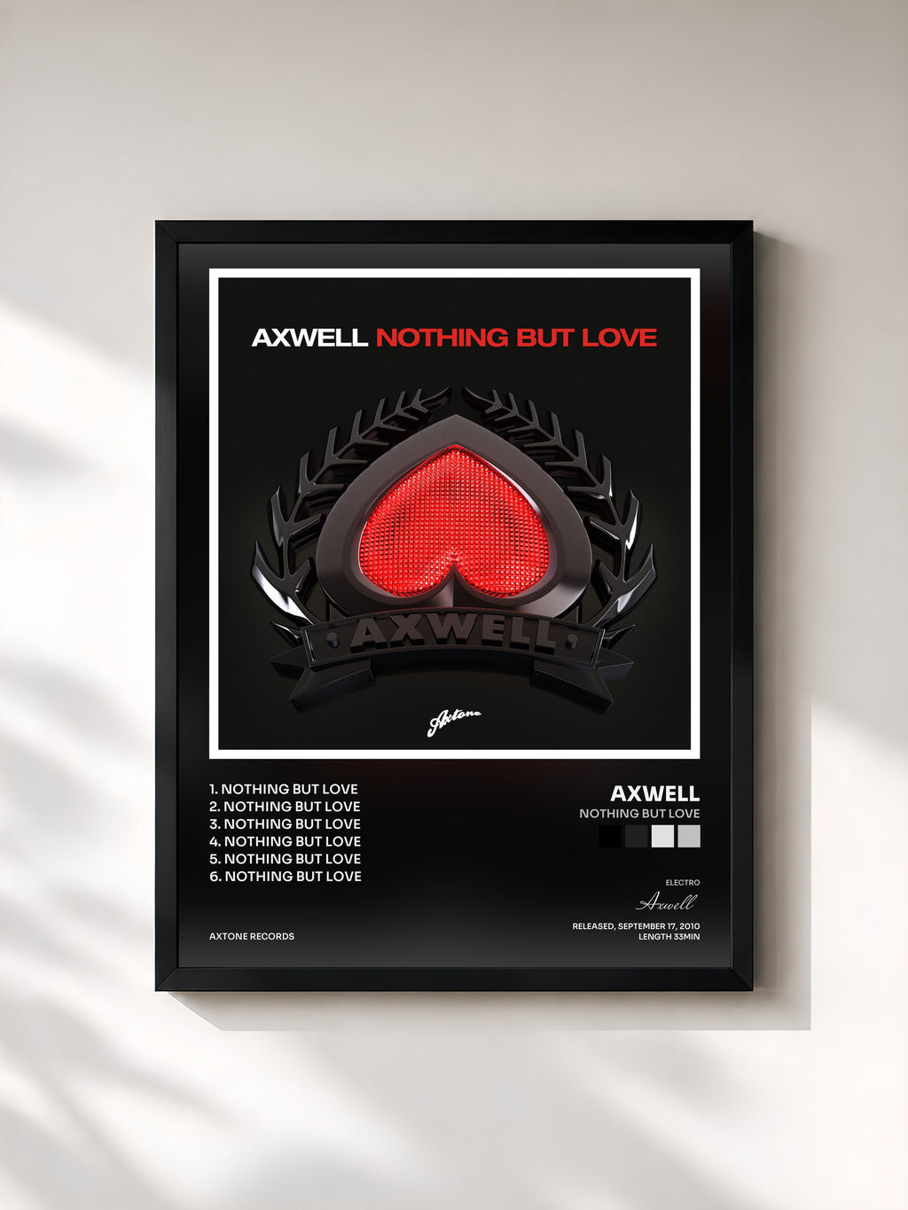 #noir Tableau de l'album Nothing But Love de Axwell, cadre noir, imprimé et encadré en France