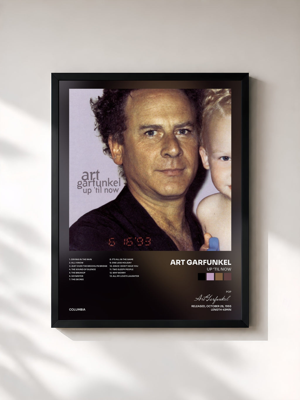 #noir Tableau de l'album Up 'Til Now de Art Garfunkel, cadre noir, imprimé et encadré en France