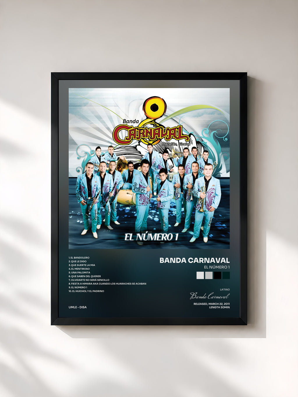 #noir Tableau de l'album El Número 1 de Banda Carnaval, cadre noir, imprimé et encadré en France